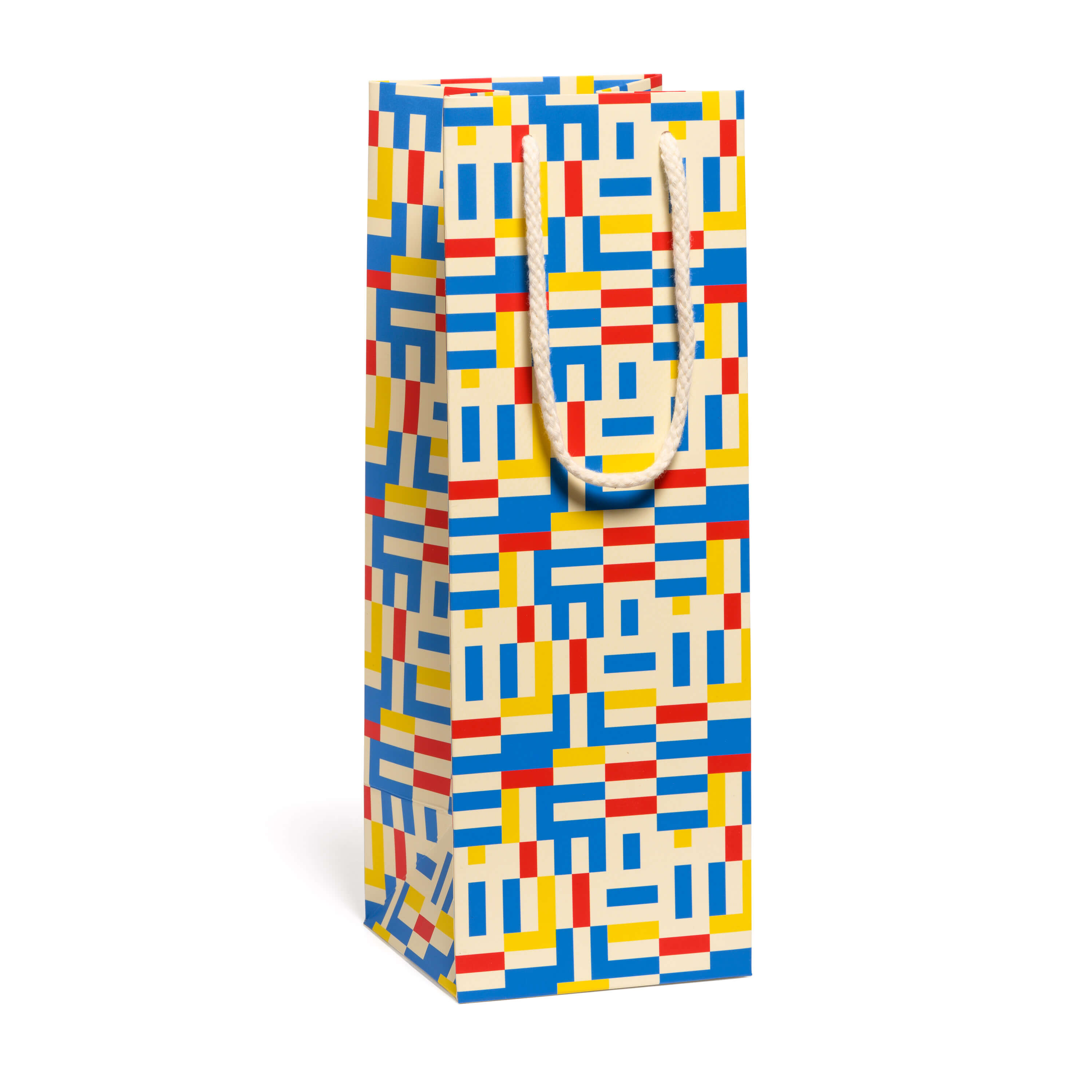 Colorful geometric patterned booze bag with a white handle on a white background.