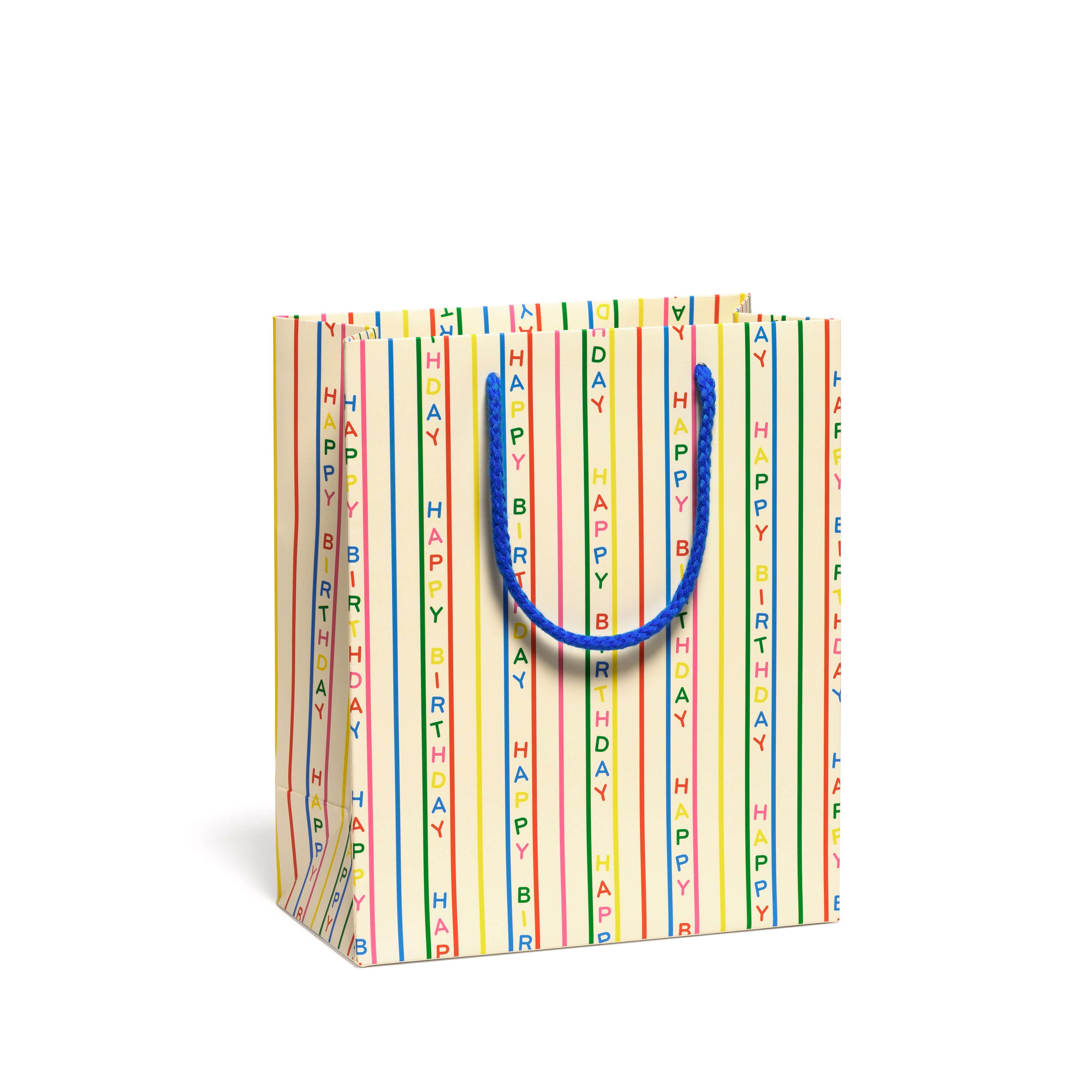 Medium Gift bag with 'Happy Birthday' text in colorful stripes on a white background.