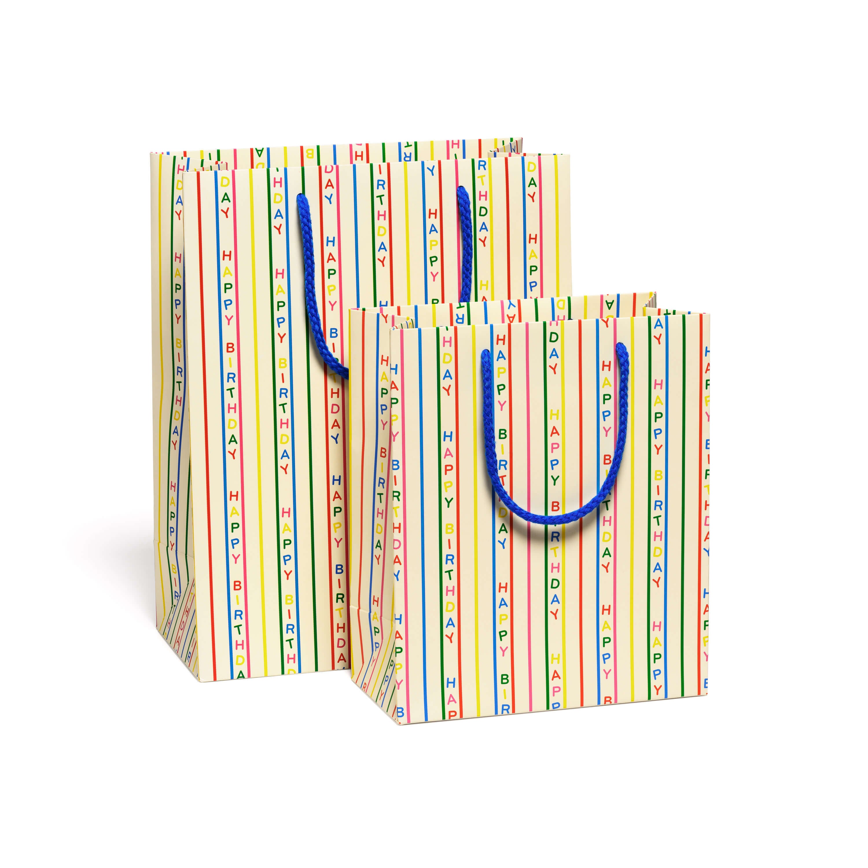 Two colorful striped gift bags with 'Happy Birthday' text on a white background.