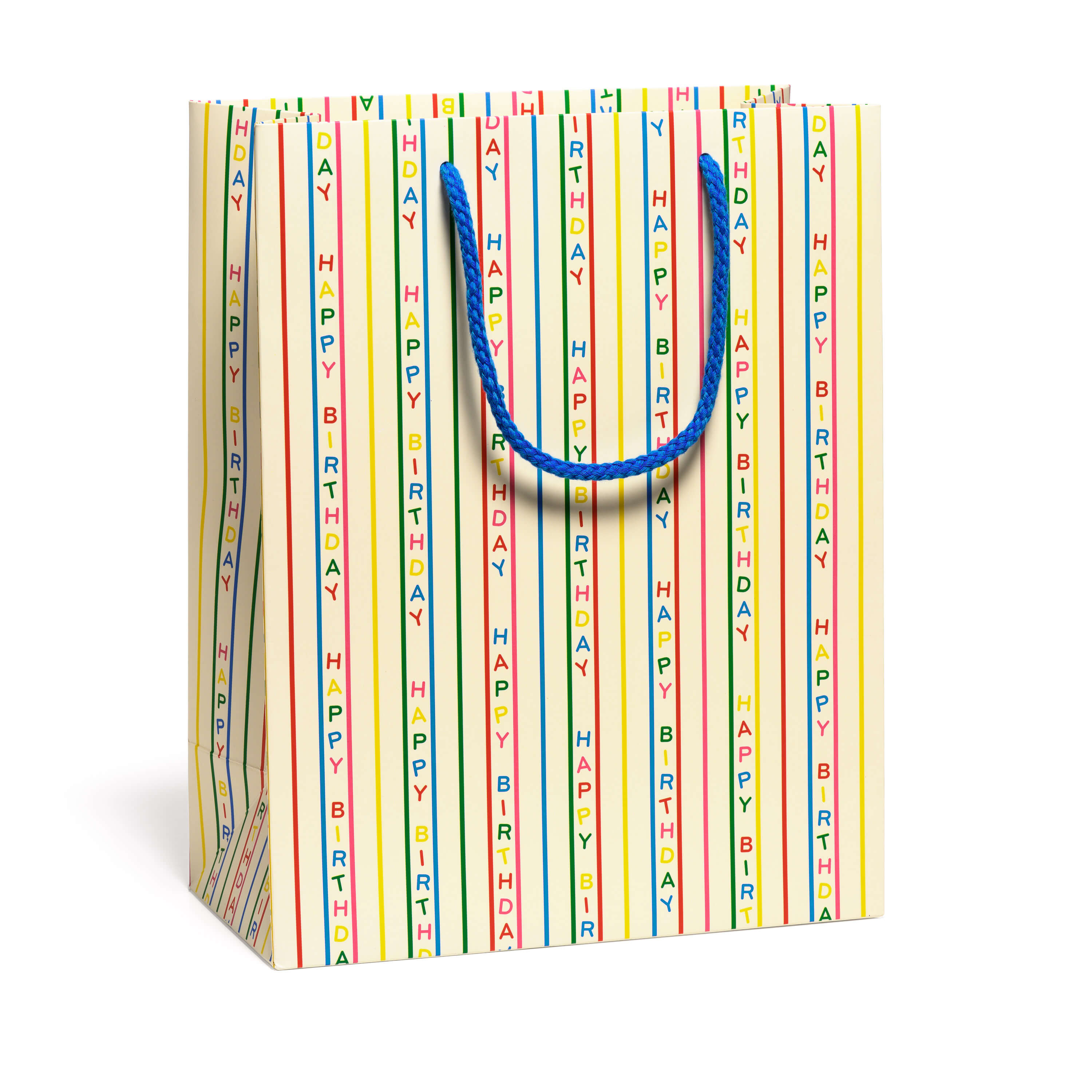 Large Gift bag with 'Happy Birthday' text in colorful stripes on a white background.