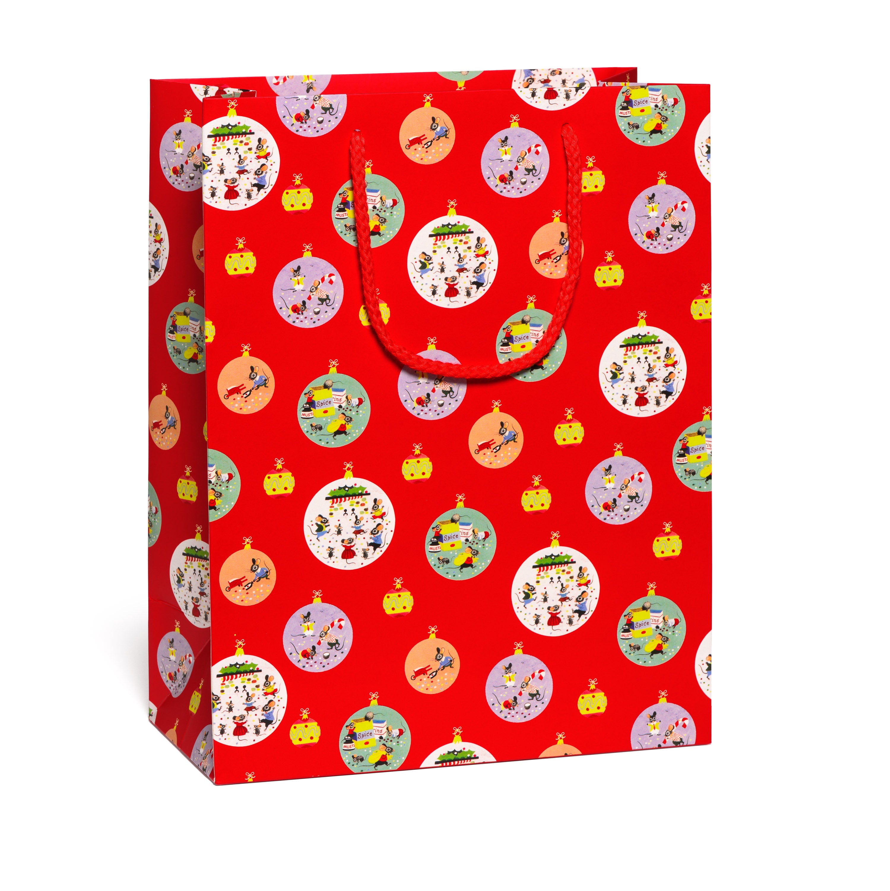 Red gift bag with colorful Christmas-themes in different ornament baubles design on a white background.