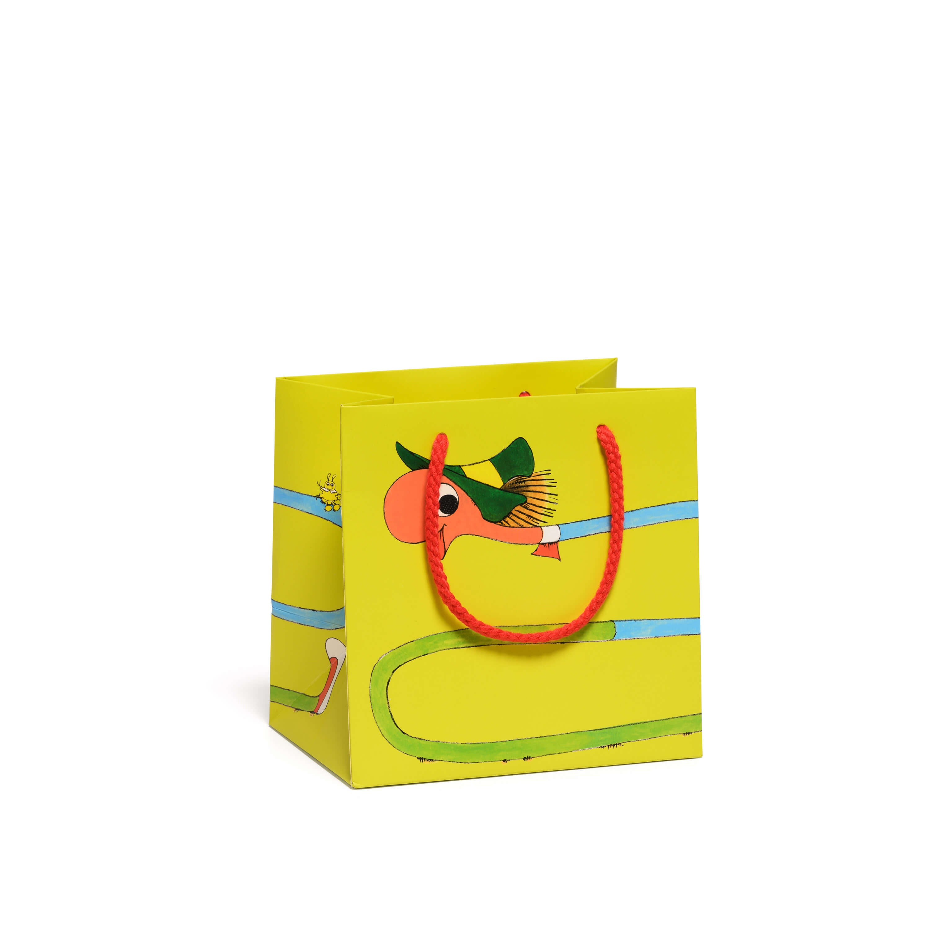 Small Yellow gift bag with Lowly Worm cartoon design with red rope handle on a white background.