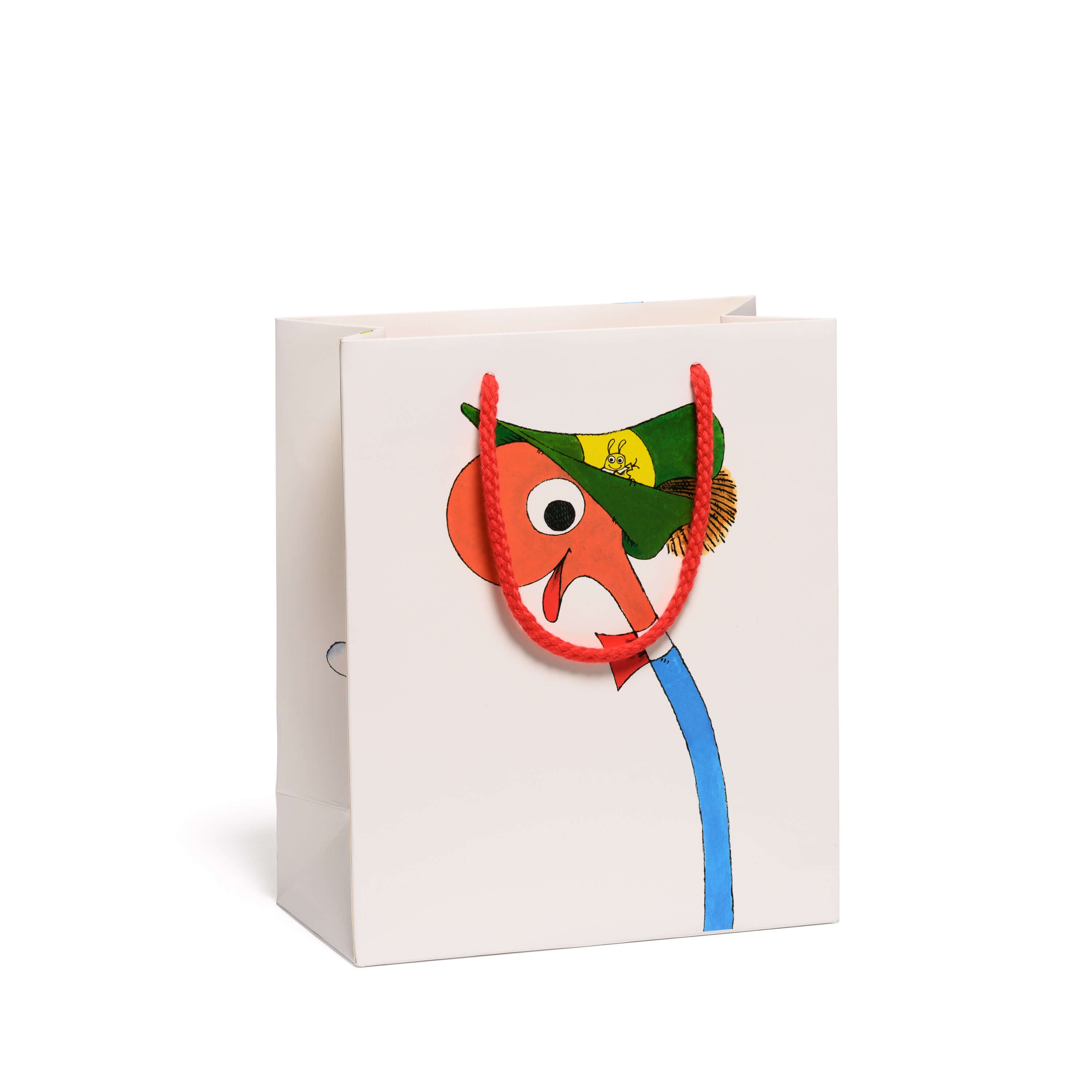 Medium White Gift bag with a Lowly Worm cartoon design and red rope handle on a white background.
