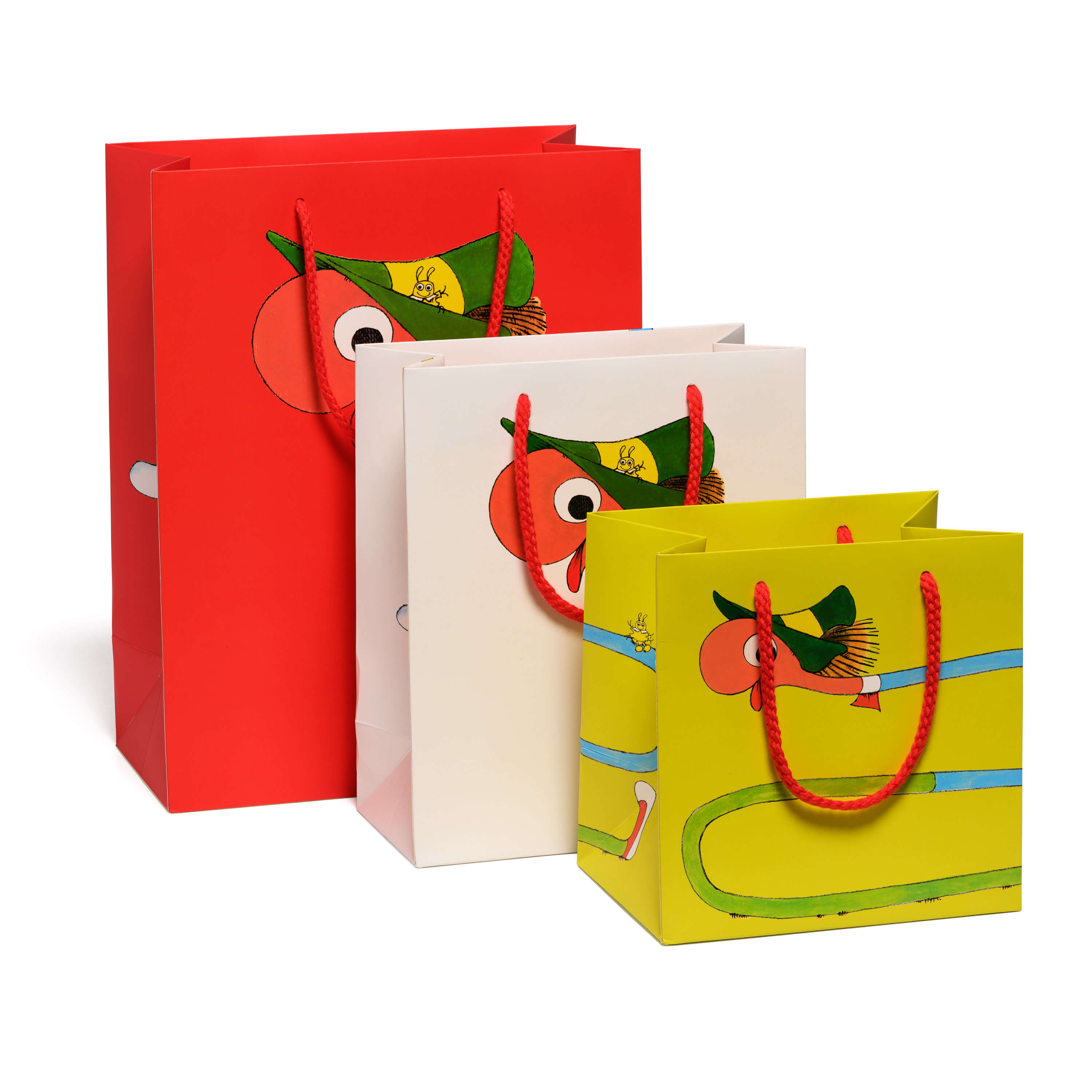 Set of colorful gift bags with Lowly Worm character and red handles on a white background.