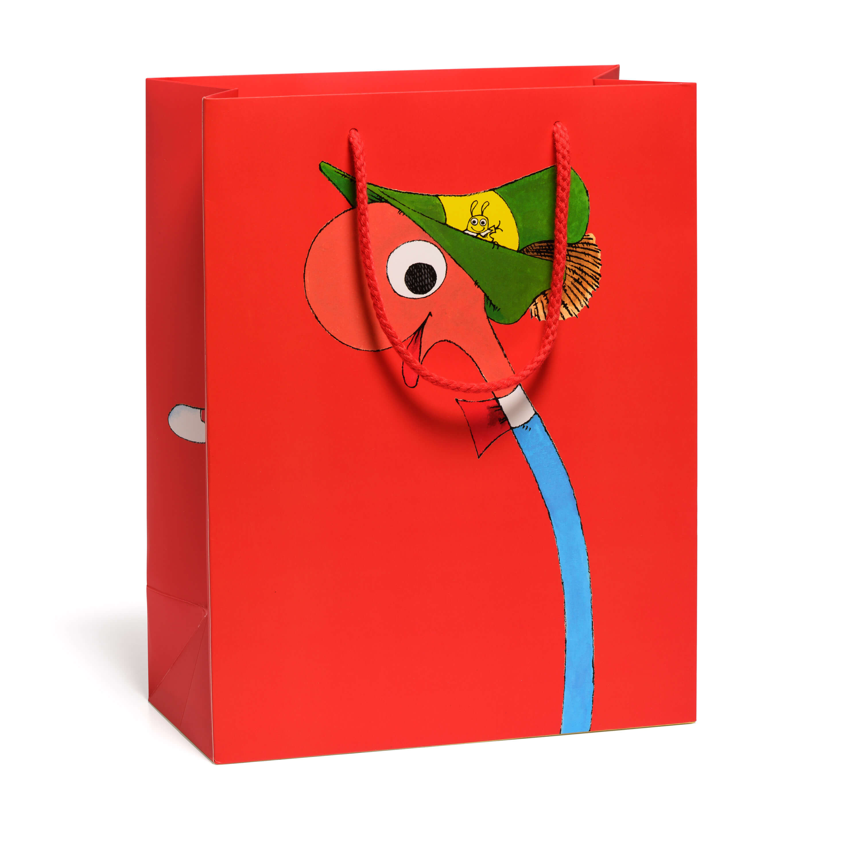 Large Red gift bag with Lowly Worm cartoon design and red rope handle on a white background.