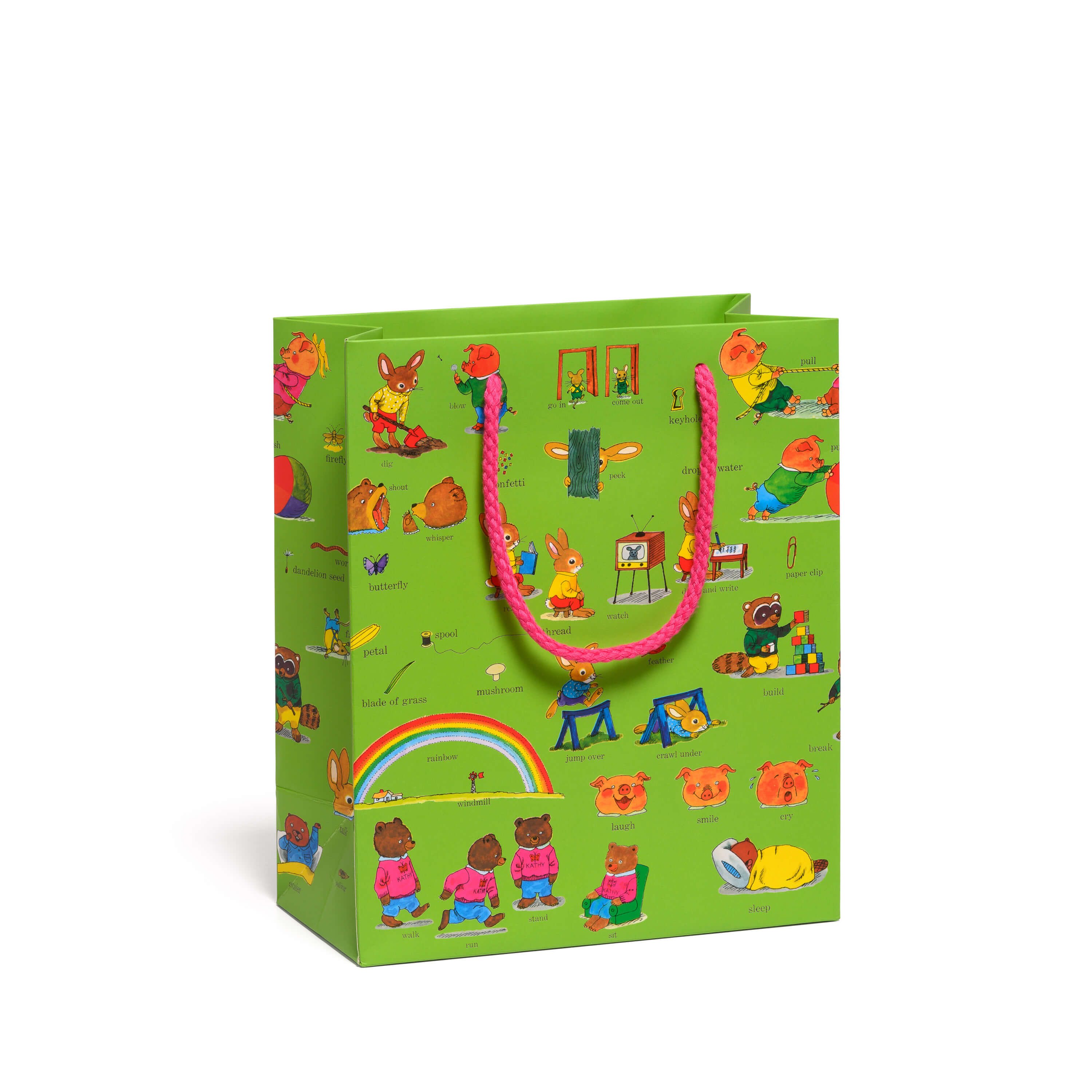 Green gift bag with colorful Busytown character illustrations and a pink rope handle on a white background.