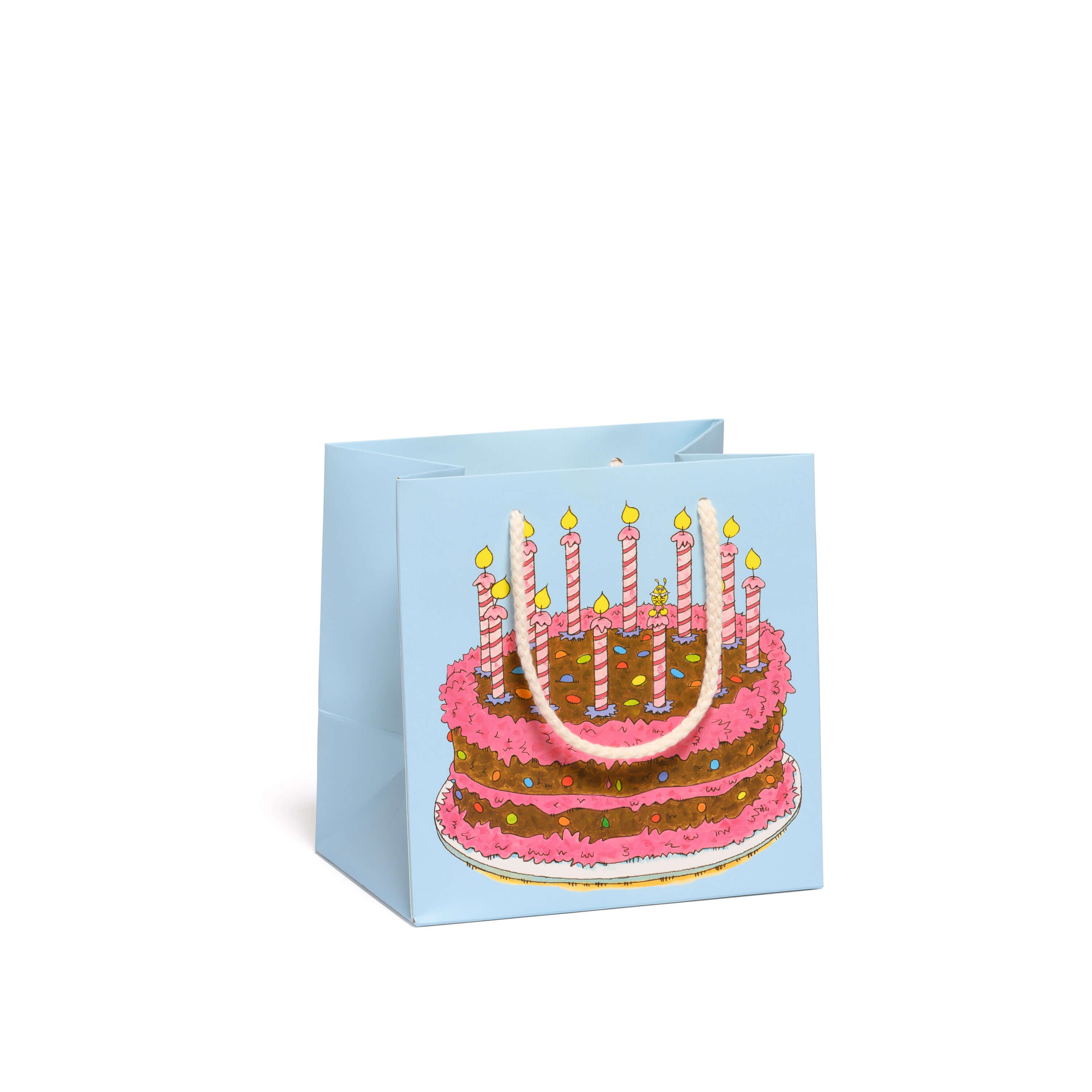 Small blue Gift bag with a birthday cake design featuring candles on a white background.