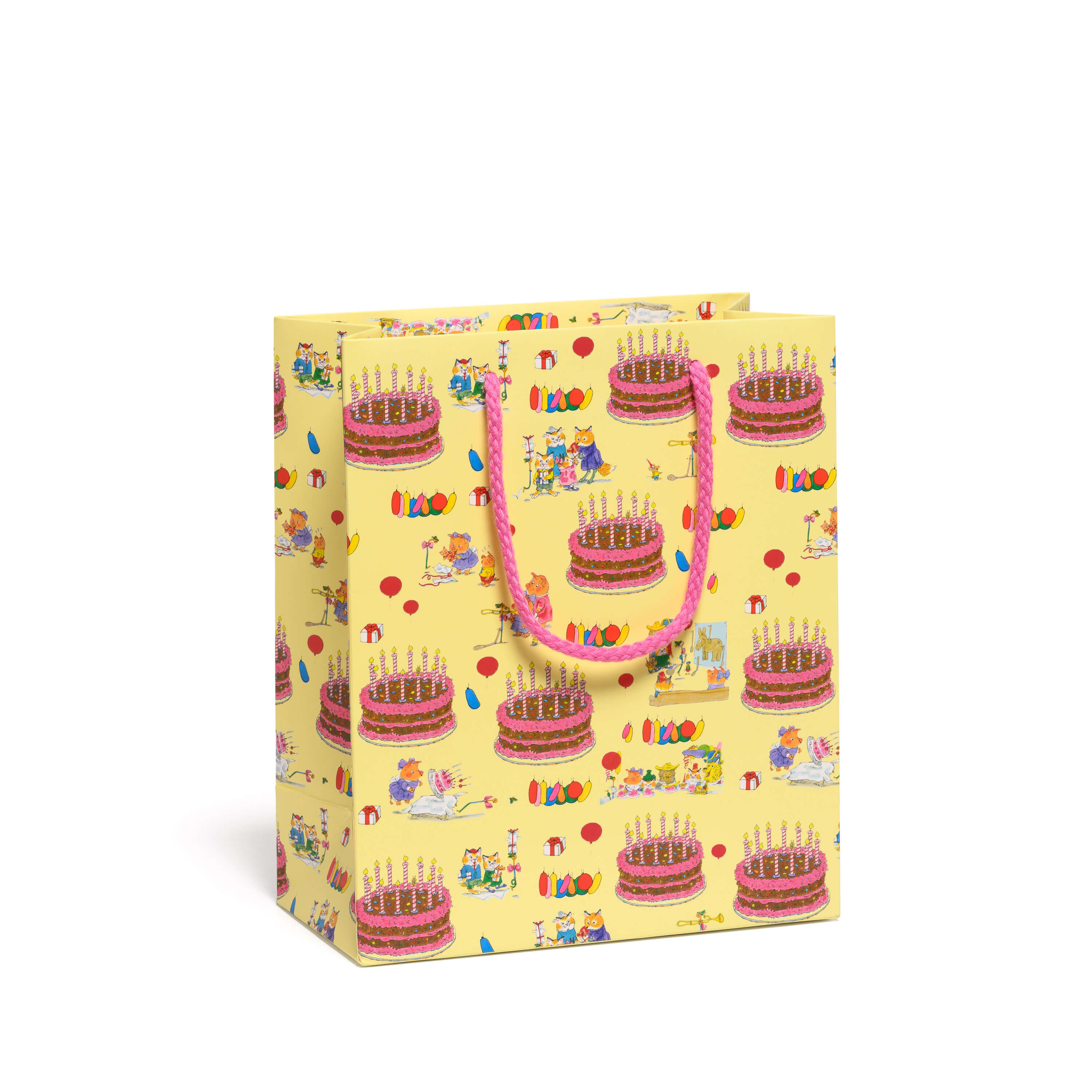 Medium Yellow Gift bag with birthday cake design and Busytown characters with pink rope handle on a white background.