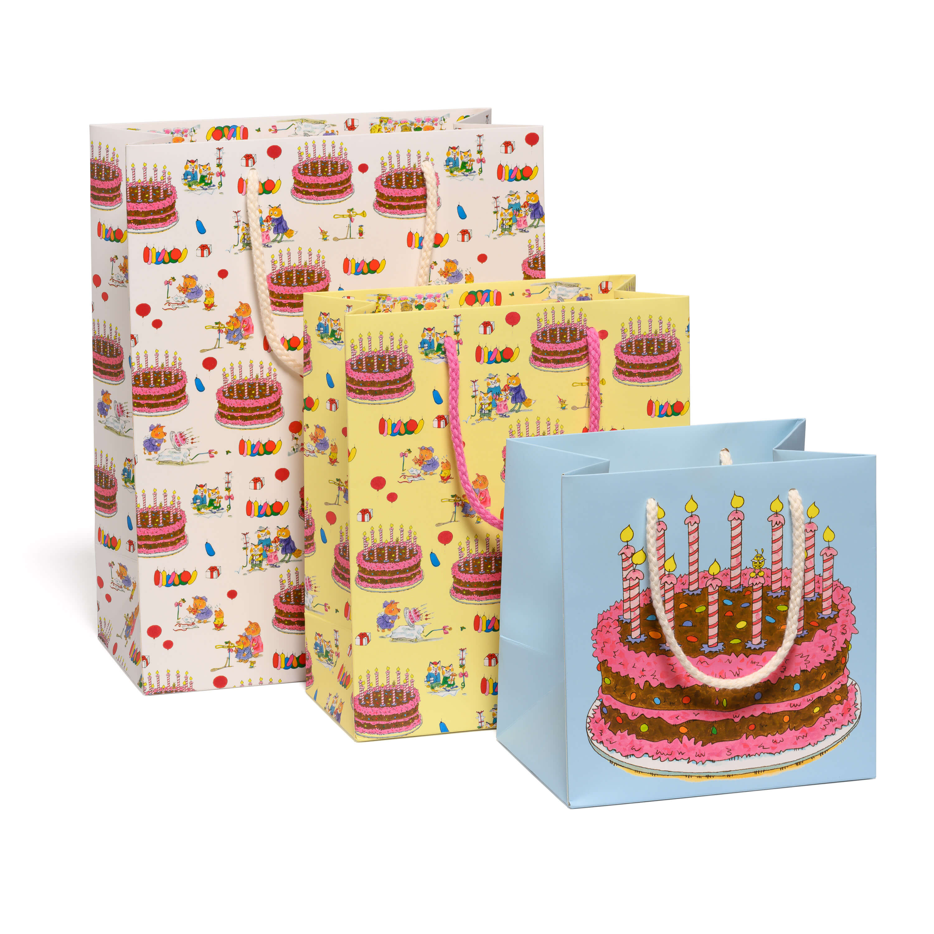 Three gift bags with birthday cake designs and Richard Scarry animal illustrations on a white background.