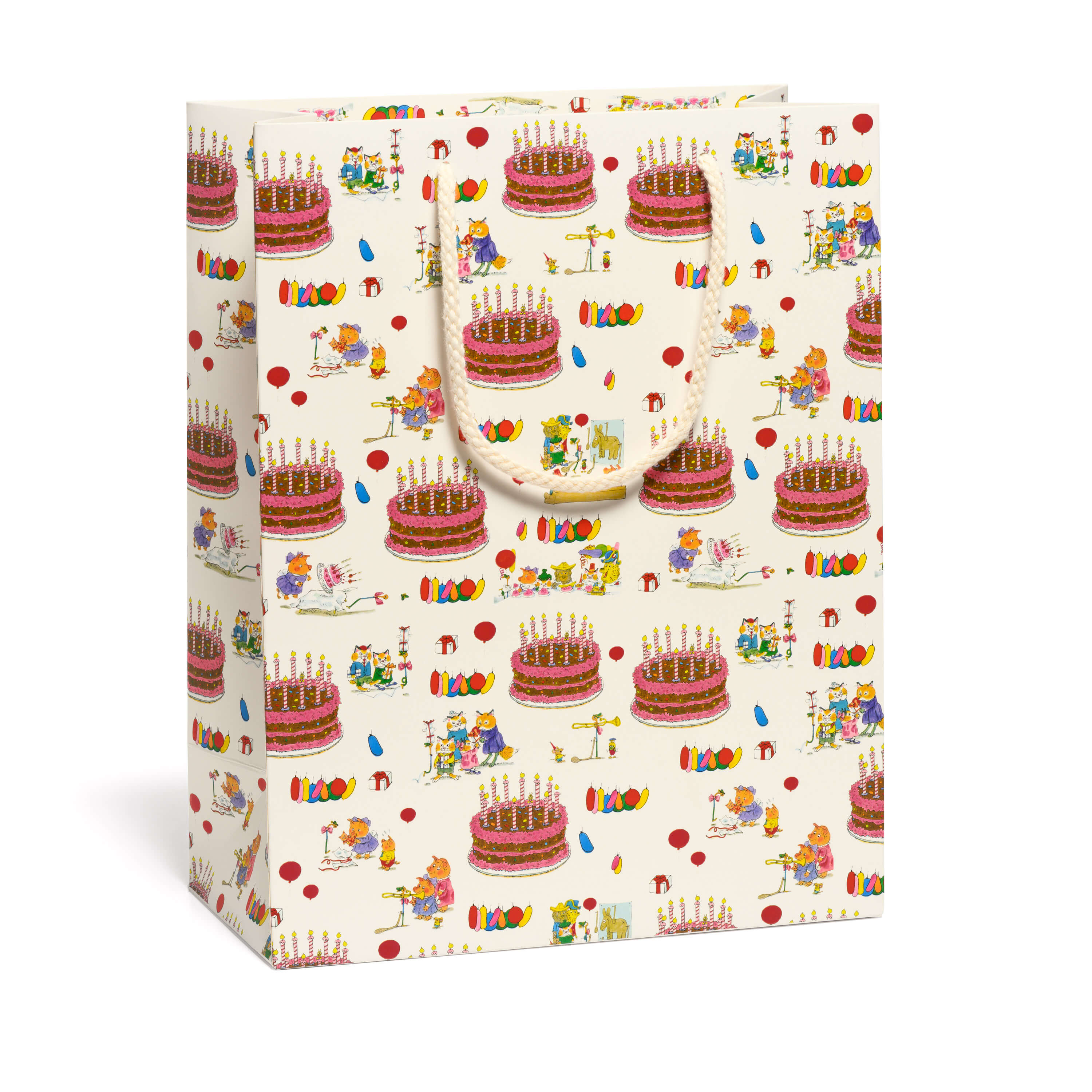 Large Gift bag with birthday cake and Busytown character pattern on a white background.