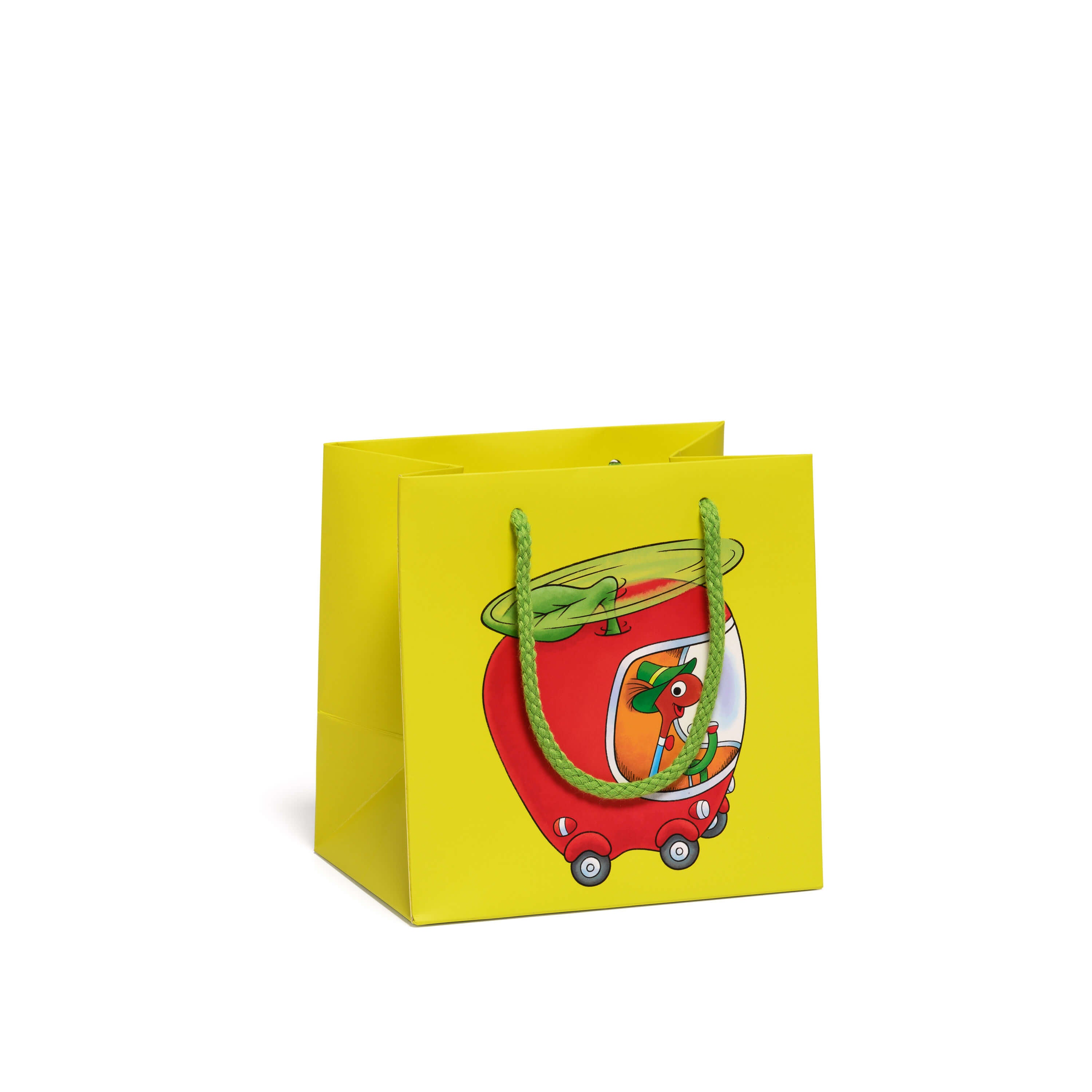 Yellow gift bag with the Lowly Worm driving a red apple car with green rope handle on a white background.