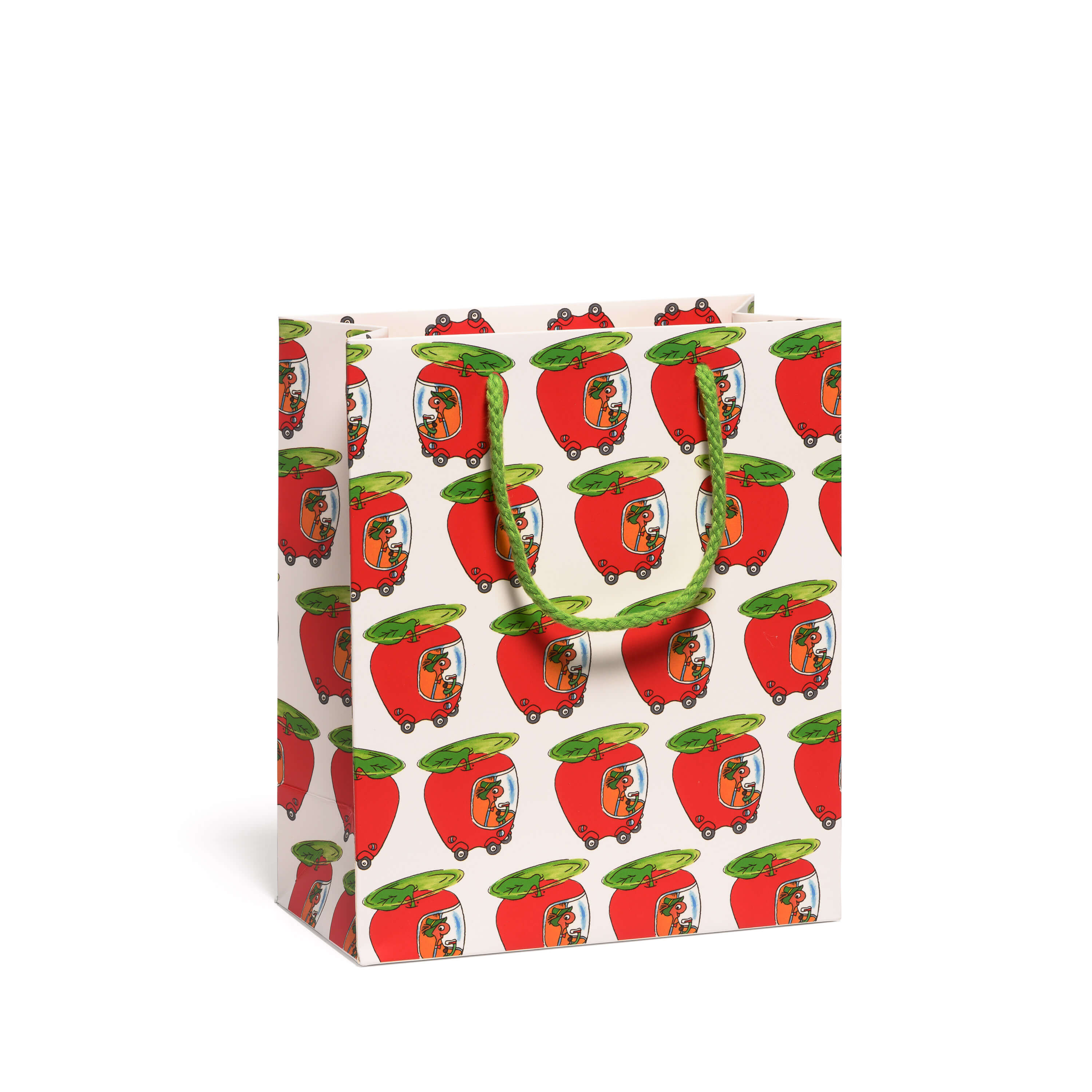 Large Gift bag with The Lowly Worm driving red apple car pattern on a white background.
