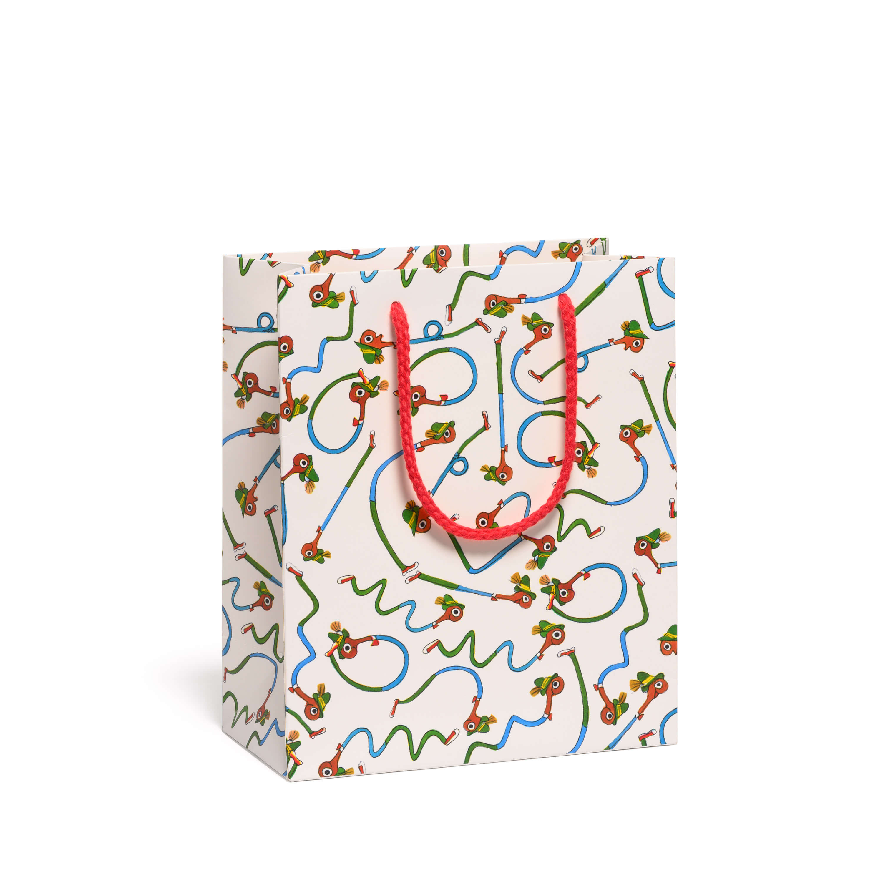Gift bag with colorful Busytown Lowly Worm pattern with red rope handle on a white background.