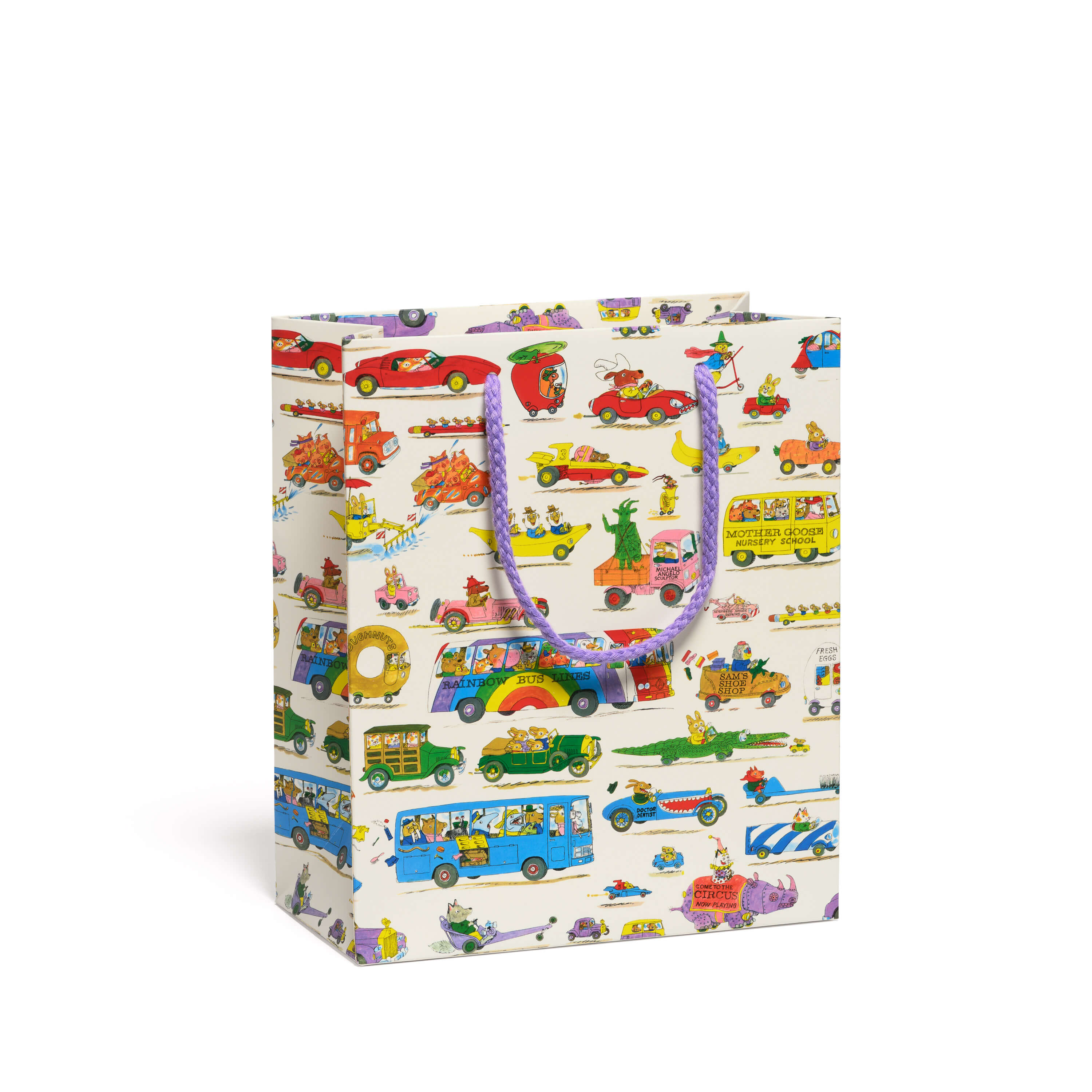 Medium Gift bag with colorful Busytown vehicle pattern on a white background.