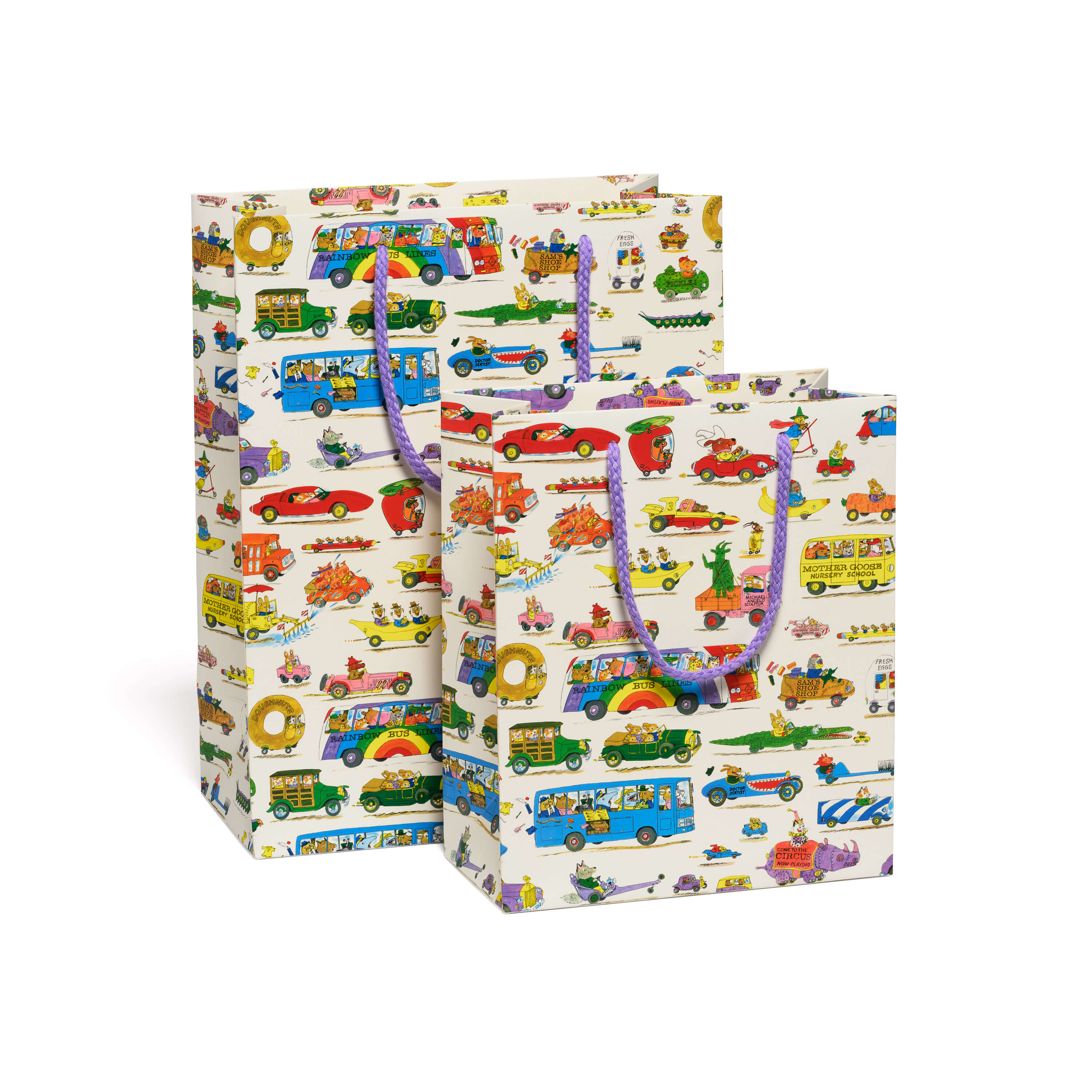 Two gift bags with Richard Scarry Busytown vehicles pattern with purple handle on a white background.