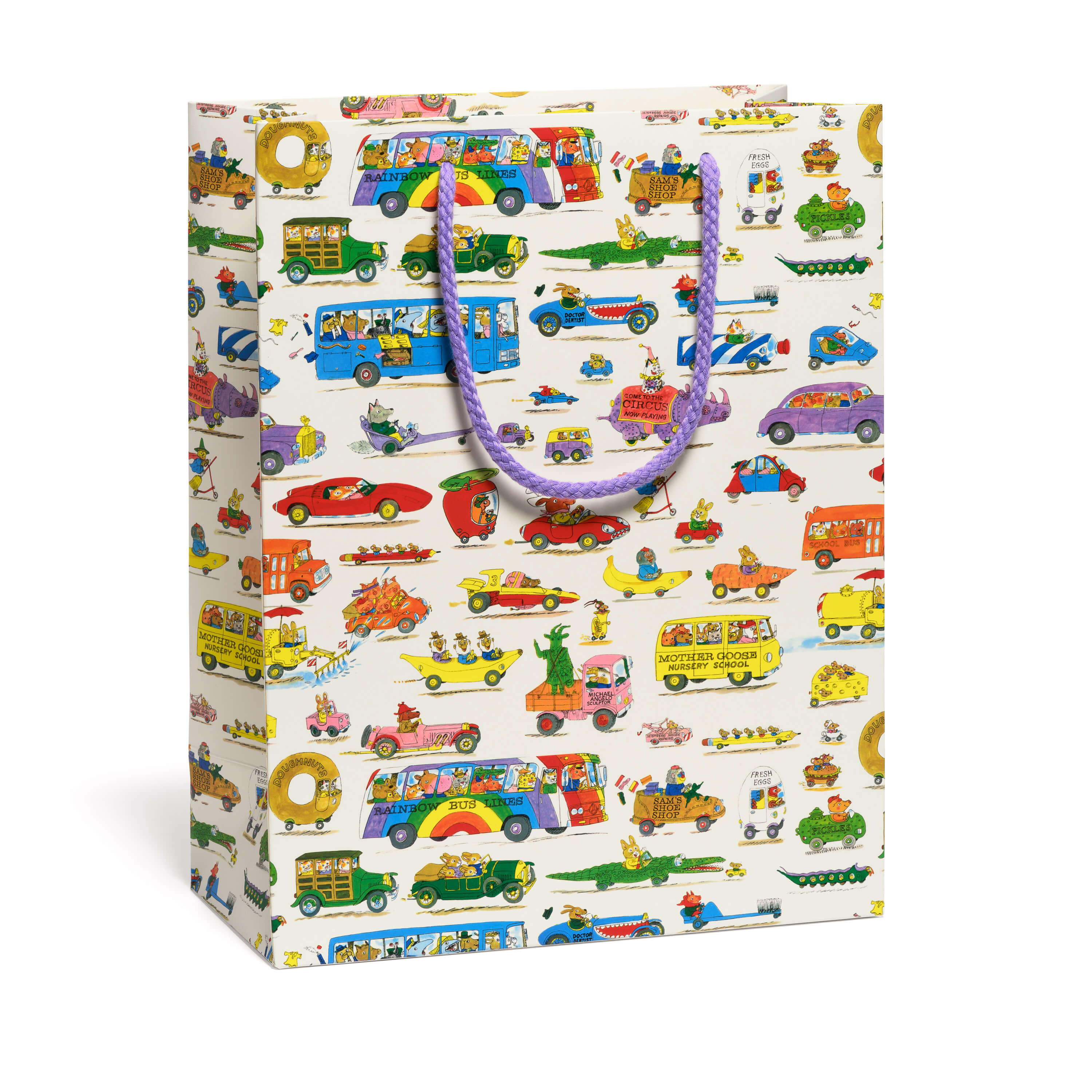 Large Gift bag with colorful Busytown vehicle pattern on a white background.