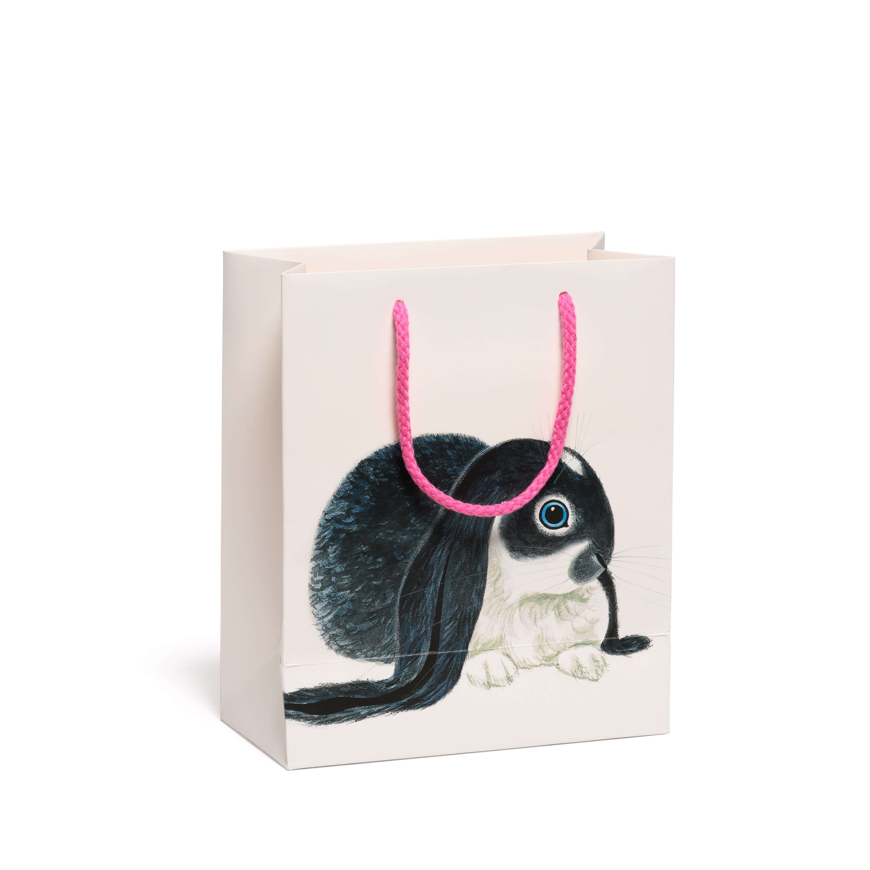 Gift bag with a black and white rabbit with long ears design and pink handle on a white background.