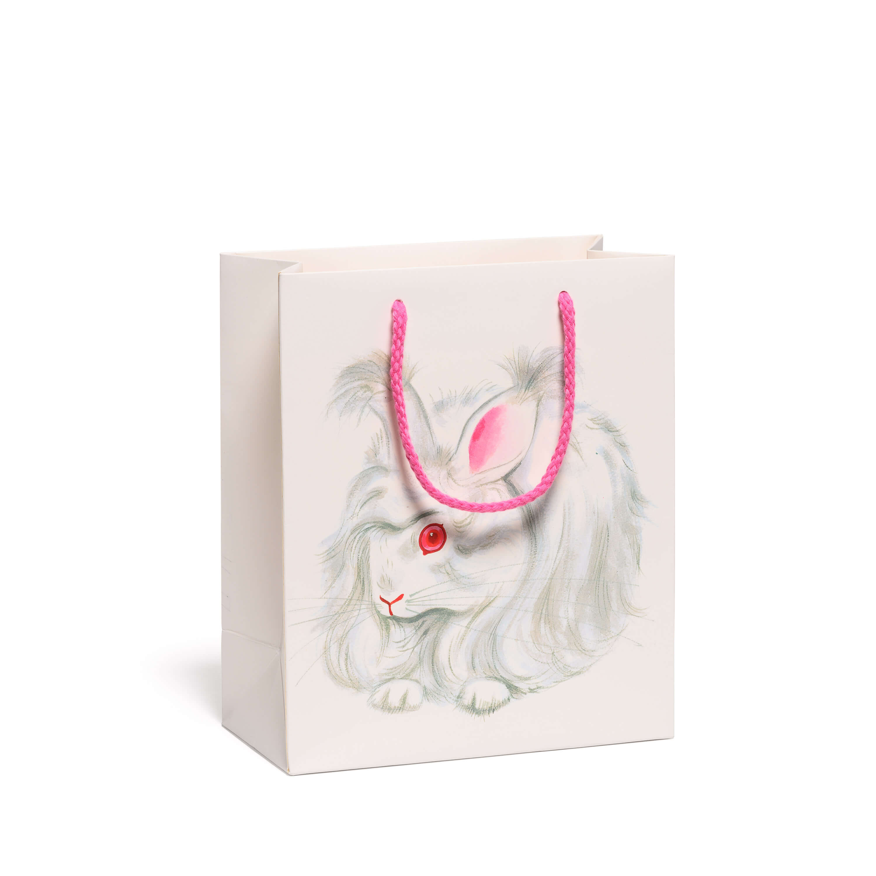 Gift bag with a hairy rabbit with red eye design and pink handle on a white background.