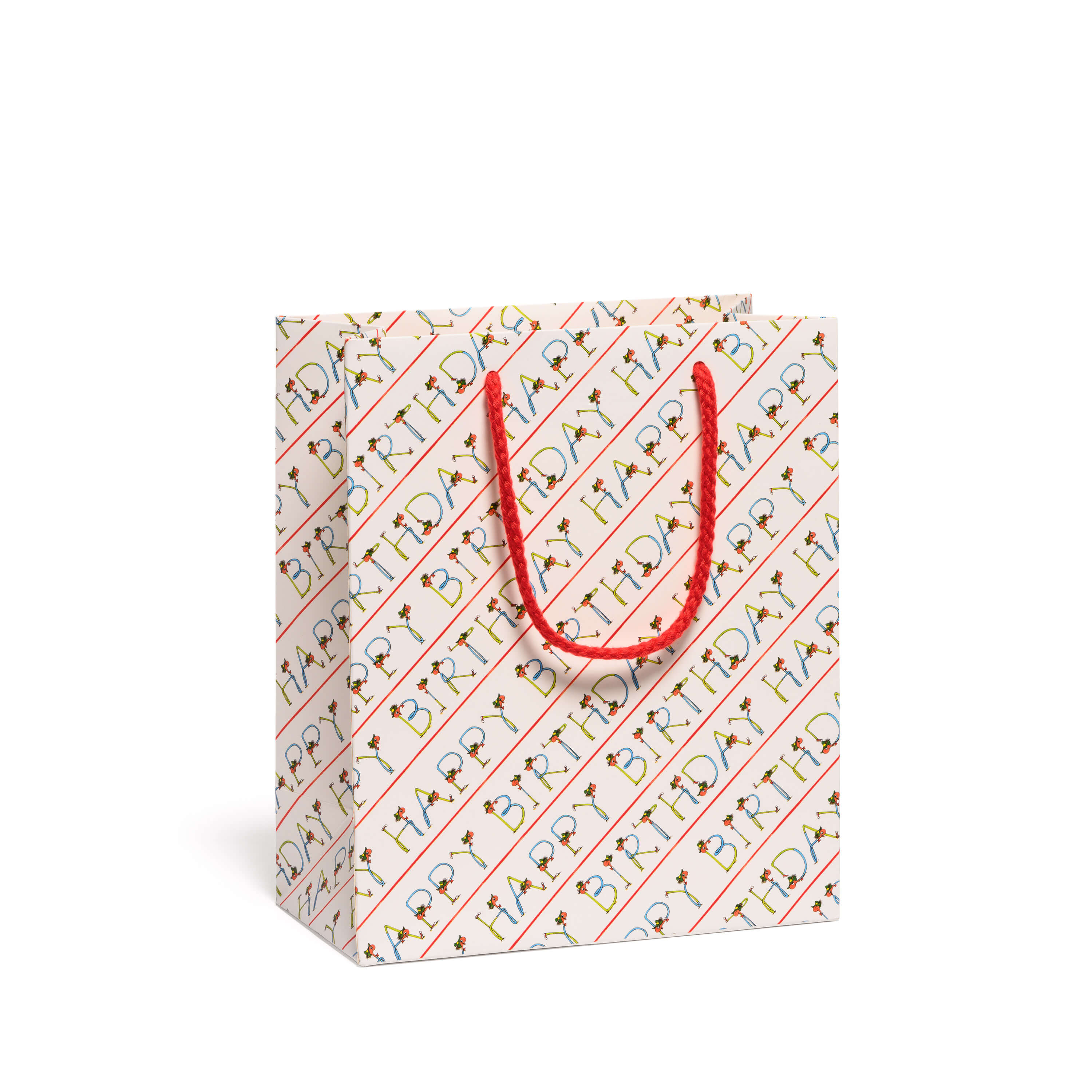 Gift bag with red rope handle and 'Happy Birthday' text in Lowly Worm pattern on a white background.