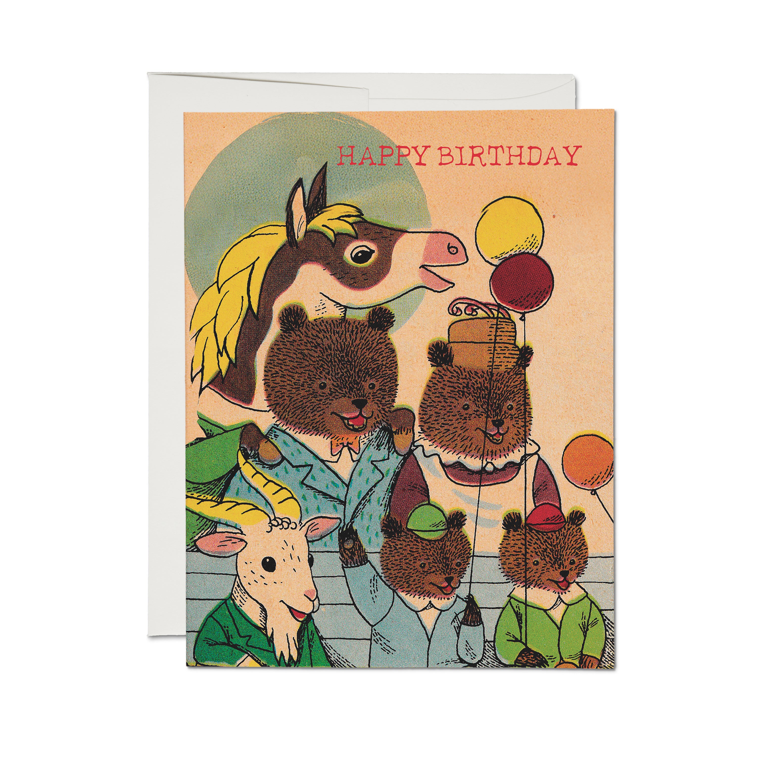 Birthday Card with cartoon bears, goats and horses holding balloons with "HAPPY BIRTHDAY" text on peach background.