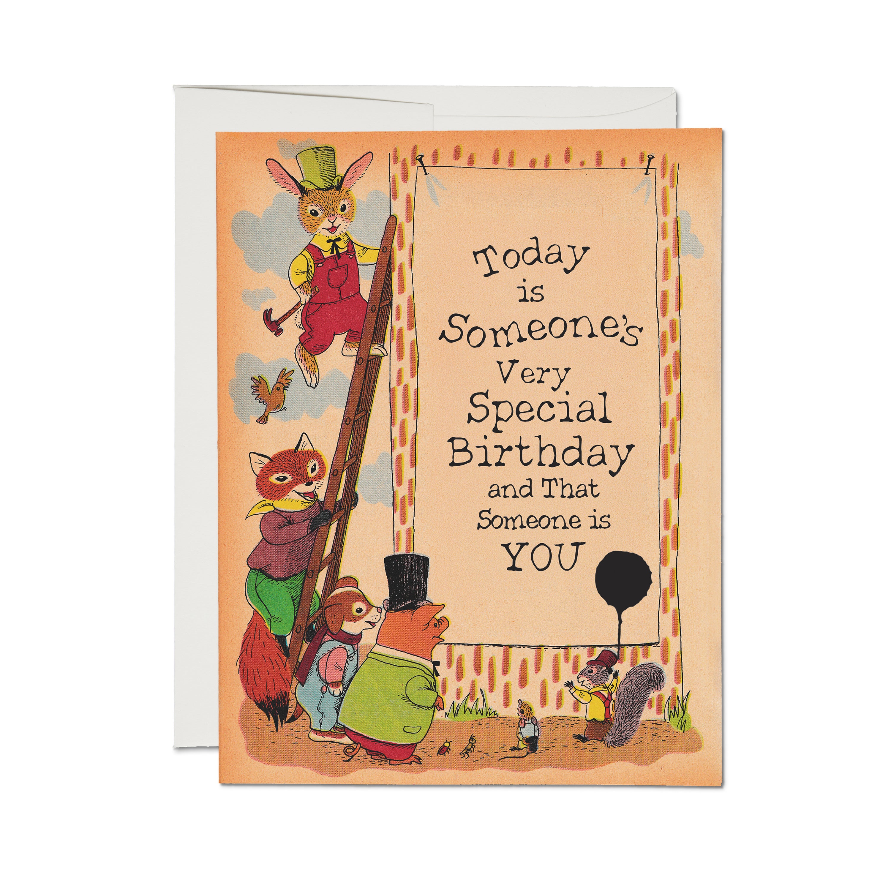 Birthday card with animals hanging a banner with text 'Today is Someone's Very Special Birthday and That Someone is YOU.'