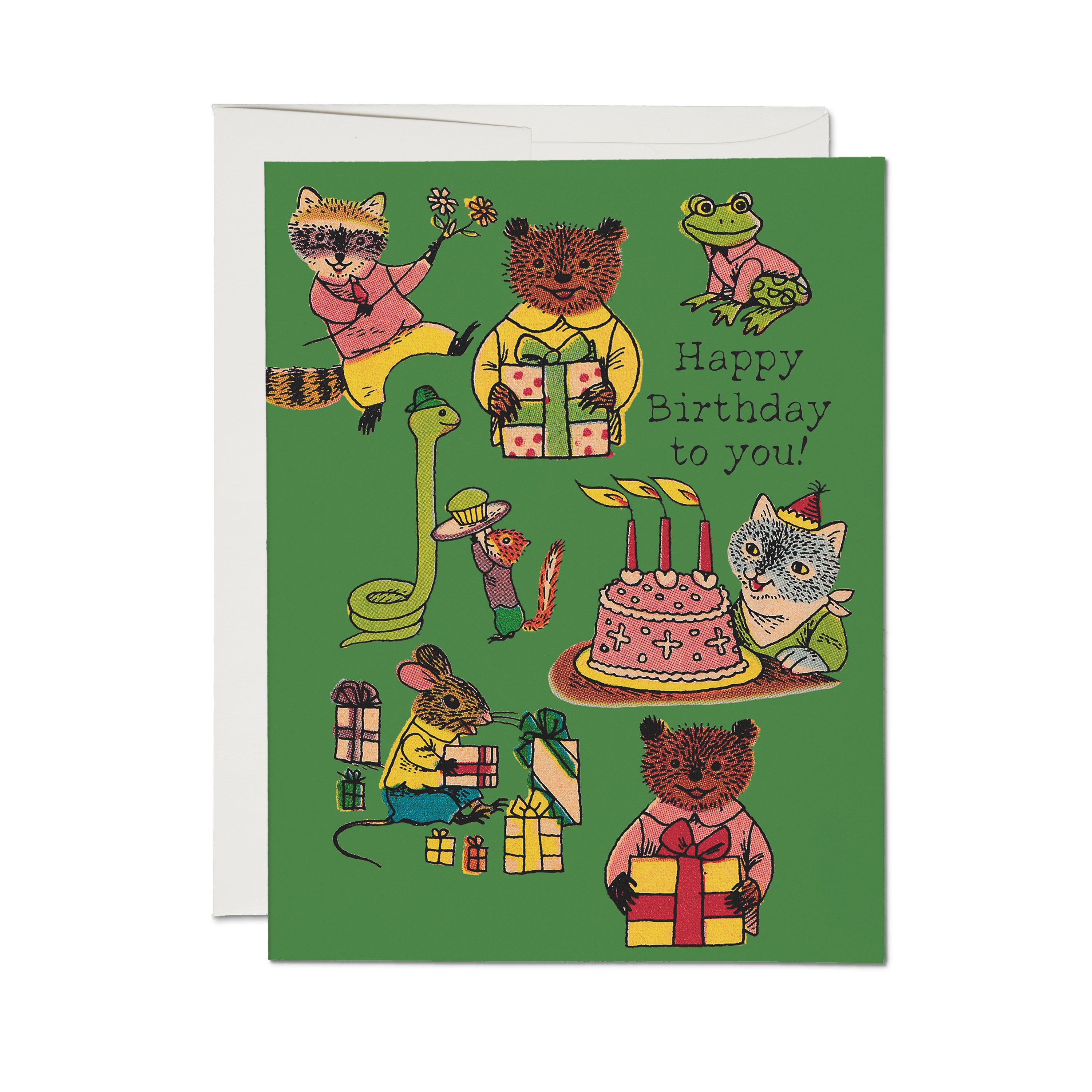 Birthday card with cartoon woodland critters holding flowers, presents and sharing cake with "Happy Birthday to you!" text.