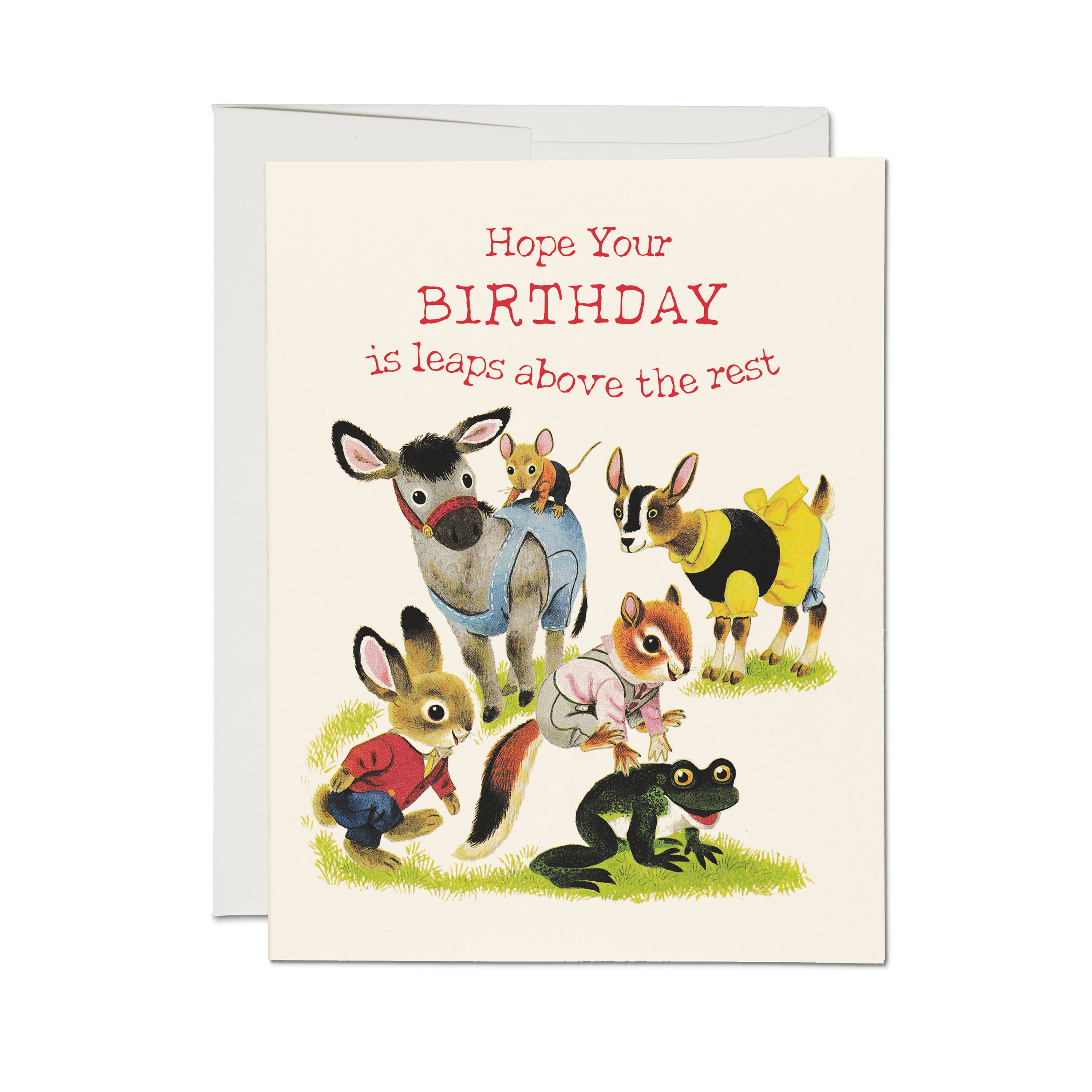Birthday card with farm animals playing leap frog in a grassy field with "Hope Your BIRTHDAY is leaps above the rest" text.
