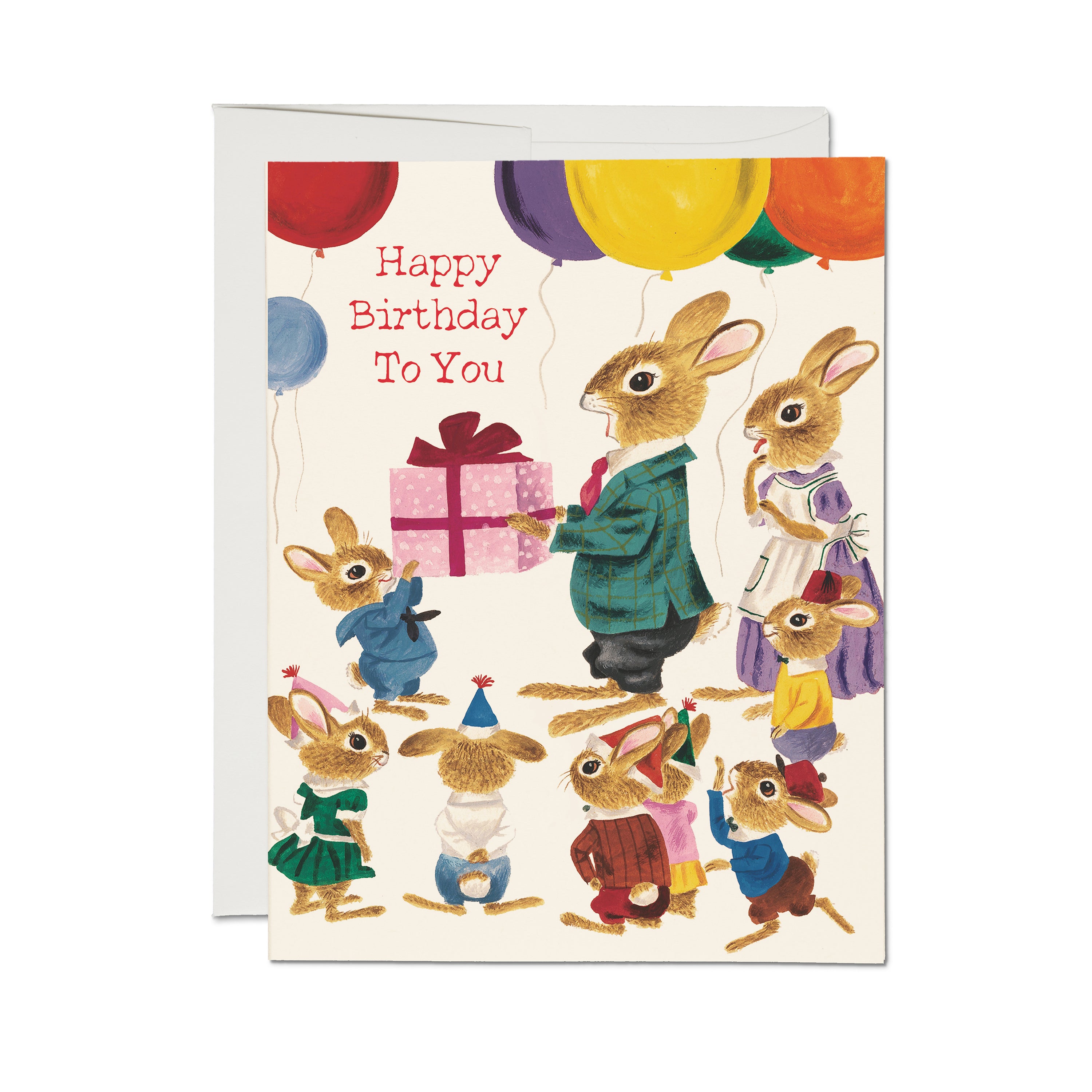 Birthday card with a group of rabbits in party hats celebrating with balloons and a gift, with 'Happy Birthday To You' text.