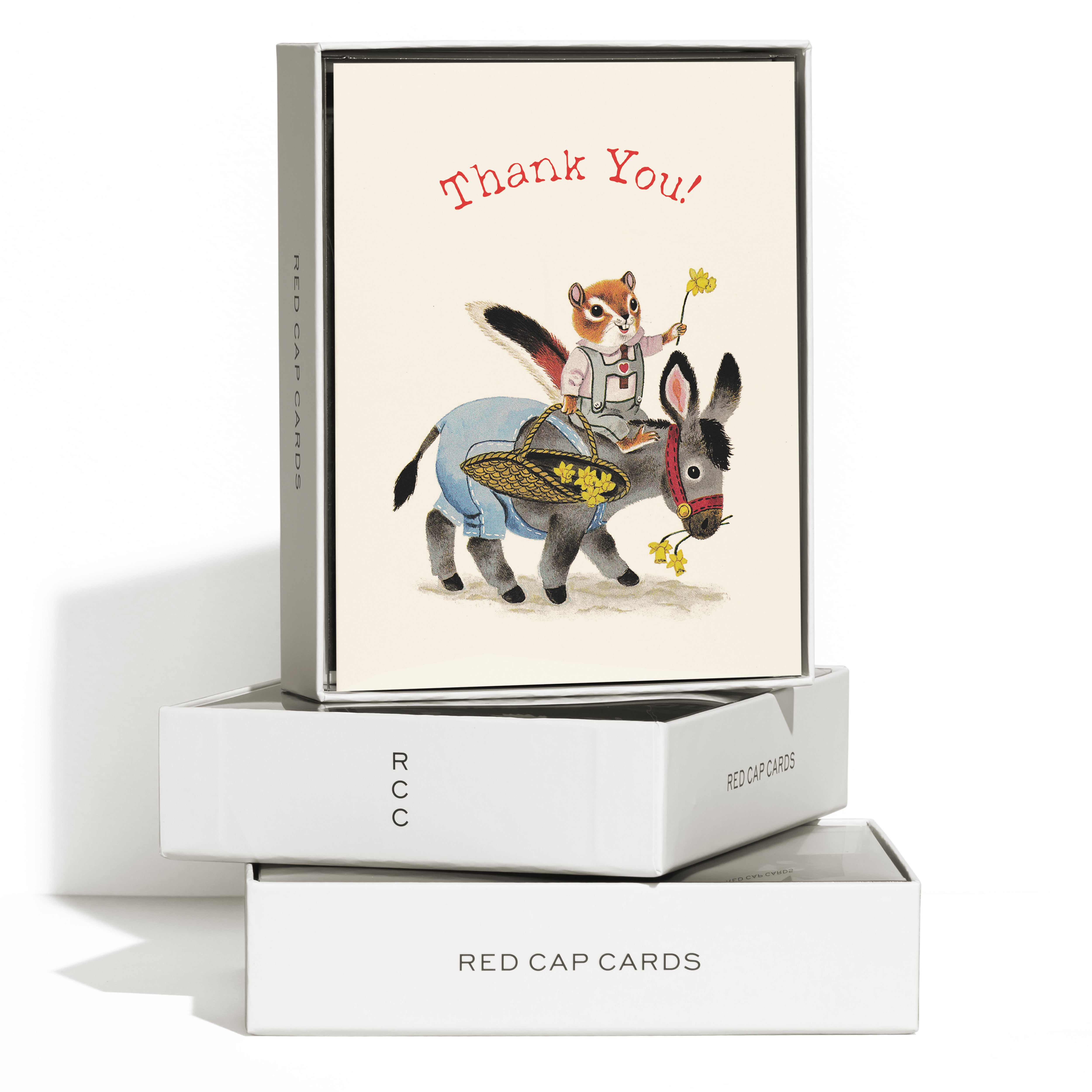 Boxed set of 8 Thank You cards with cartoon chipmunk holding yellow flowers riding a donkey on a white background.