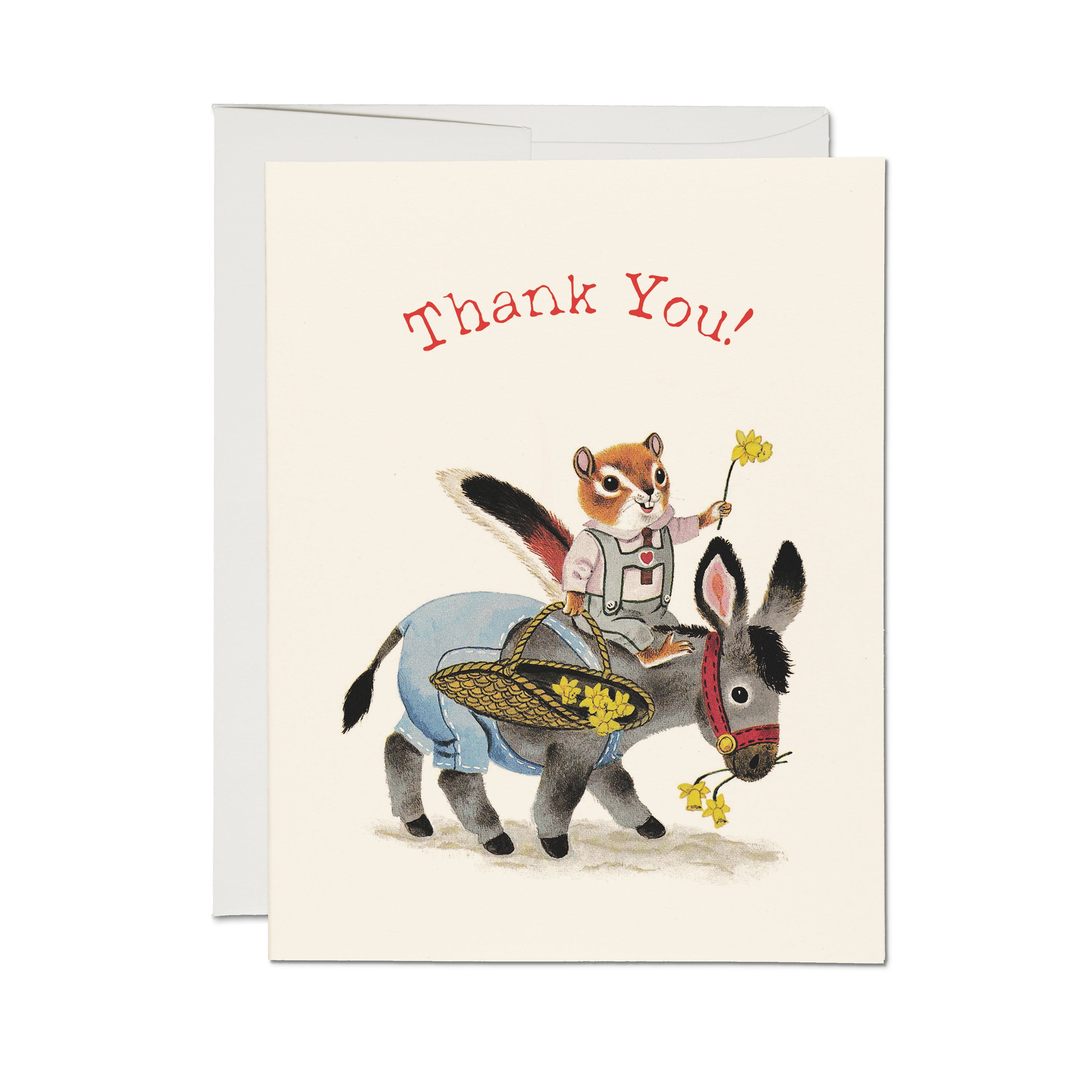 Thank You card with cartoon chipmunk holding yellow flowers riding a donkey in overalls on a white background.