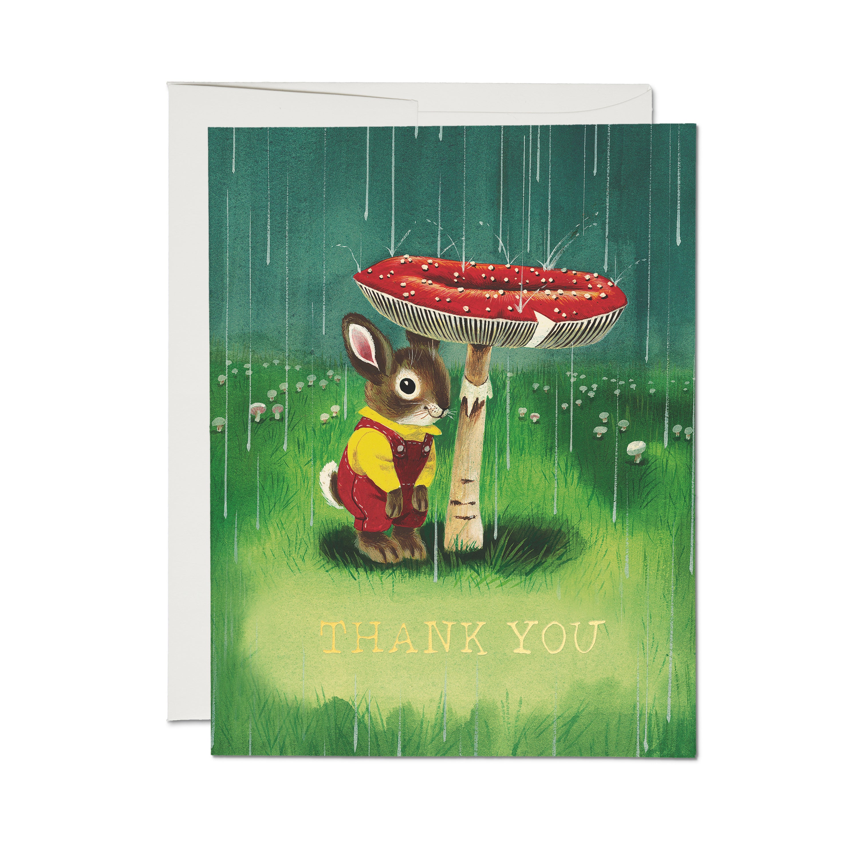 Thank you card with illustrated bunny hiding from the rain under a red mushroom in a green grass field.