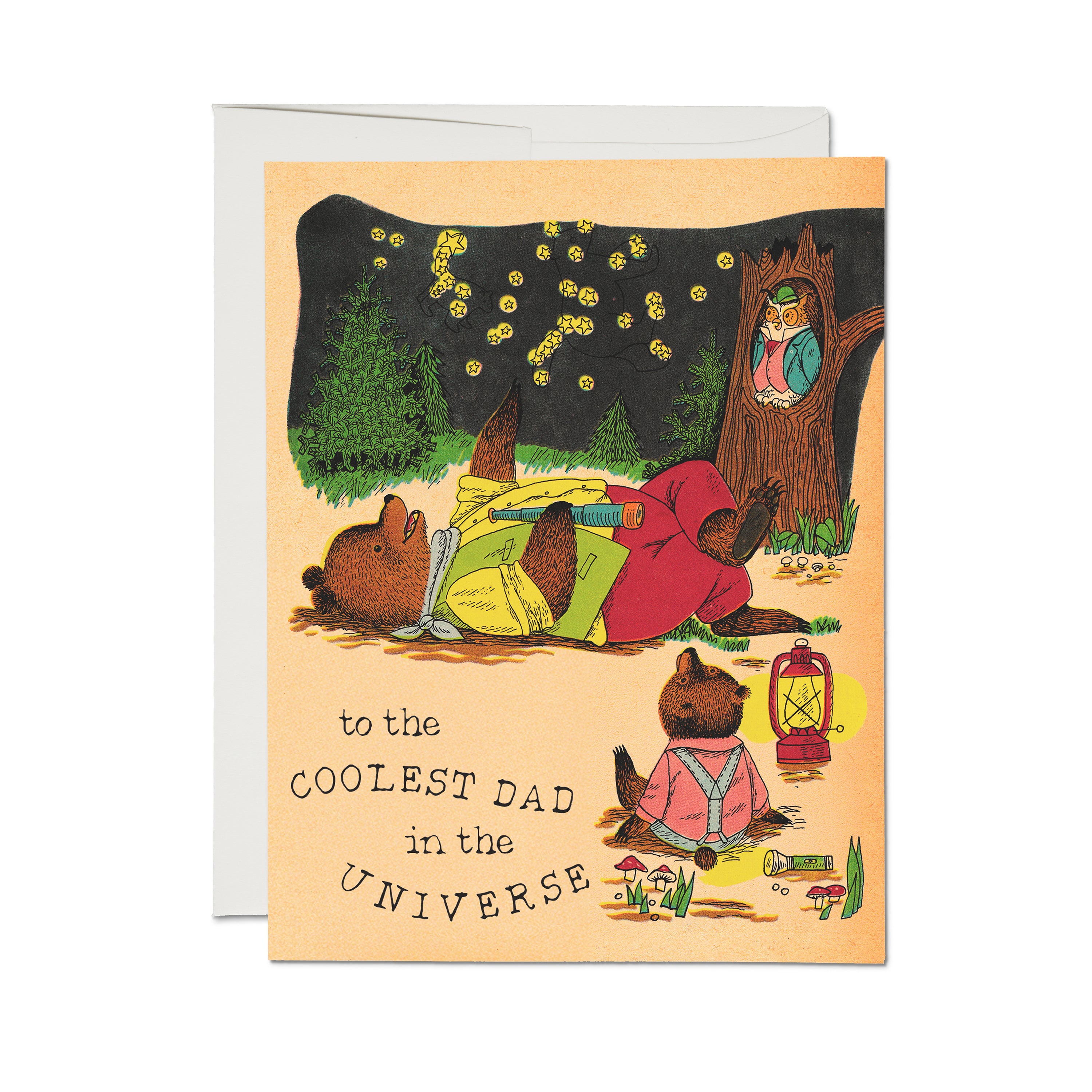 Greeting card with cartoon bears and owl in a forest at night looking at stars with 'to the COOLEST DAD in the UNIVERSE' text.