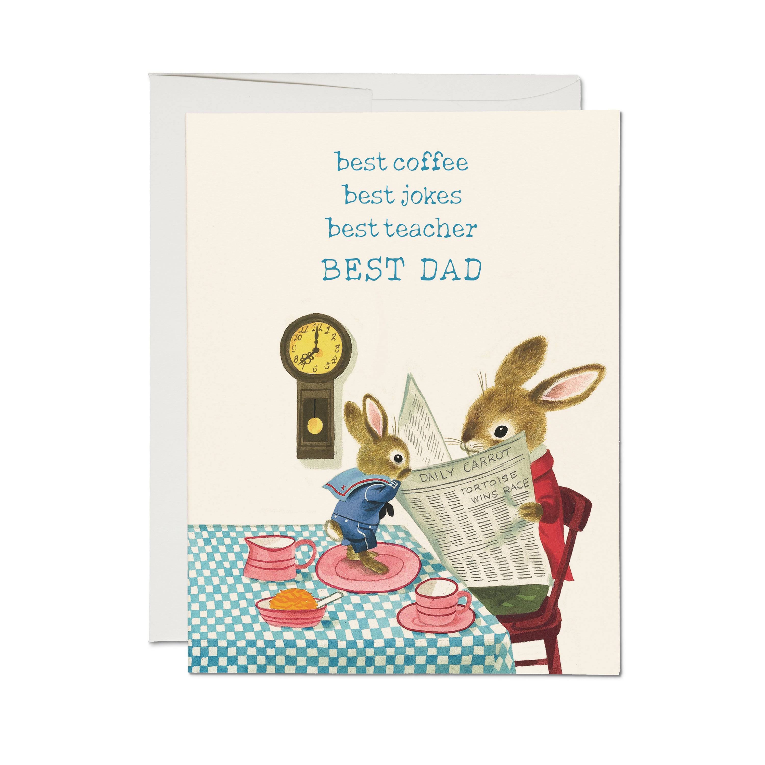 Father's Day card with a father rabbit reading a newspaper at breakfast while a child rabbit looks on, with 'Best Dad' text.