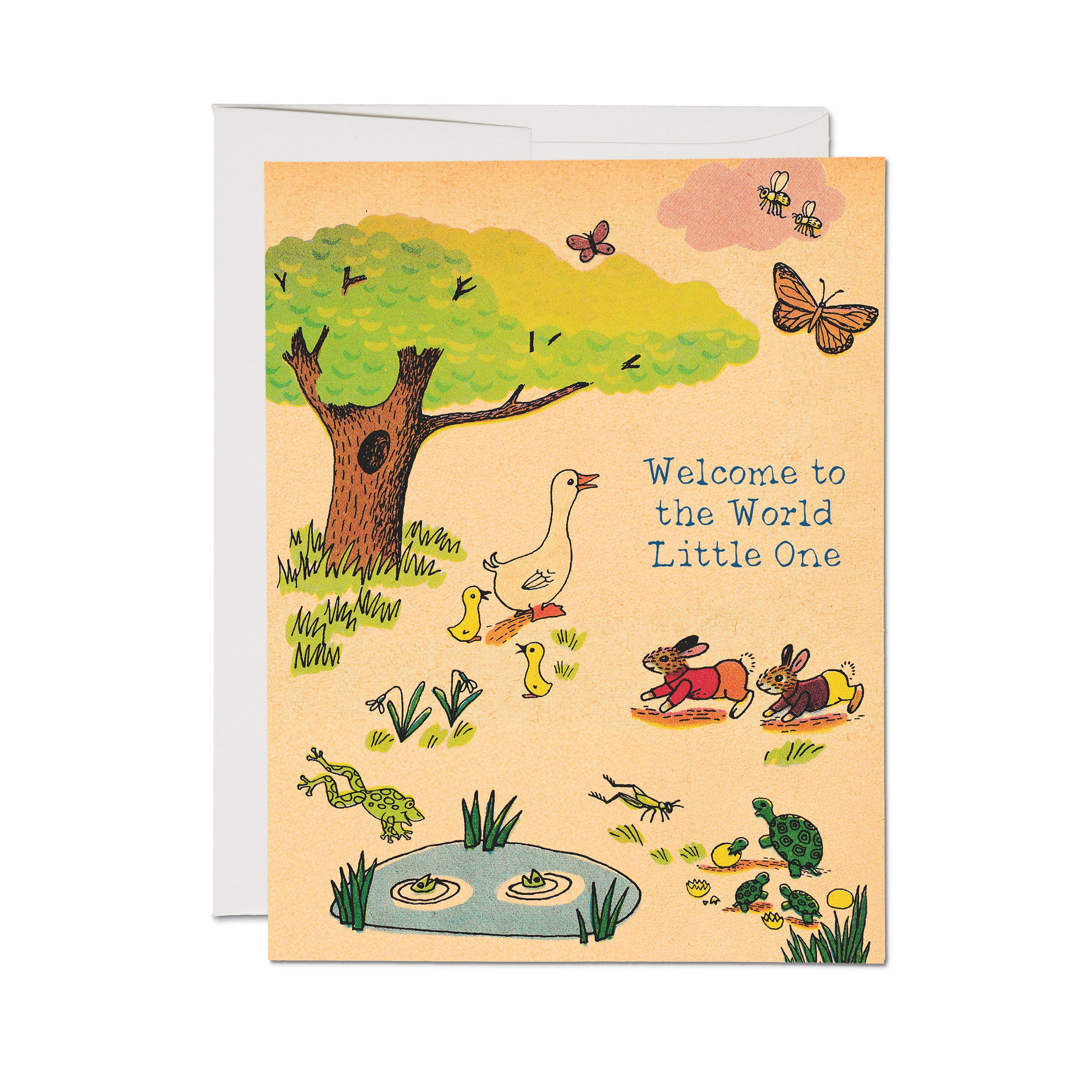 New Baby Greeting Card with illustrated woodland animals in a forest with "Welcome to the World Little One" text.