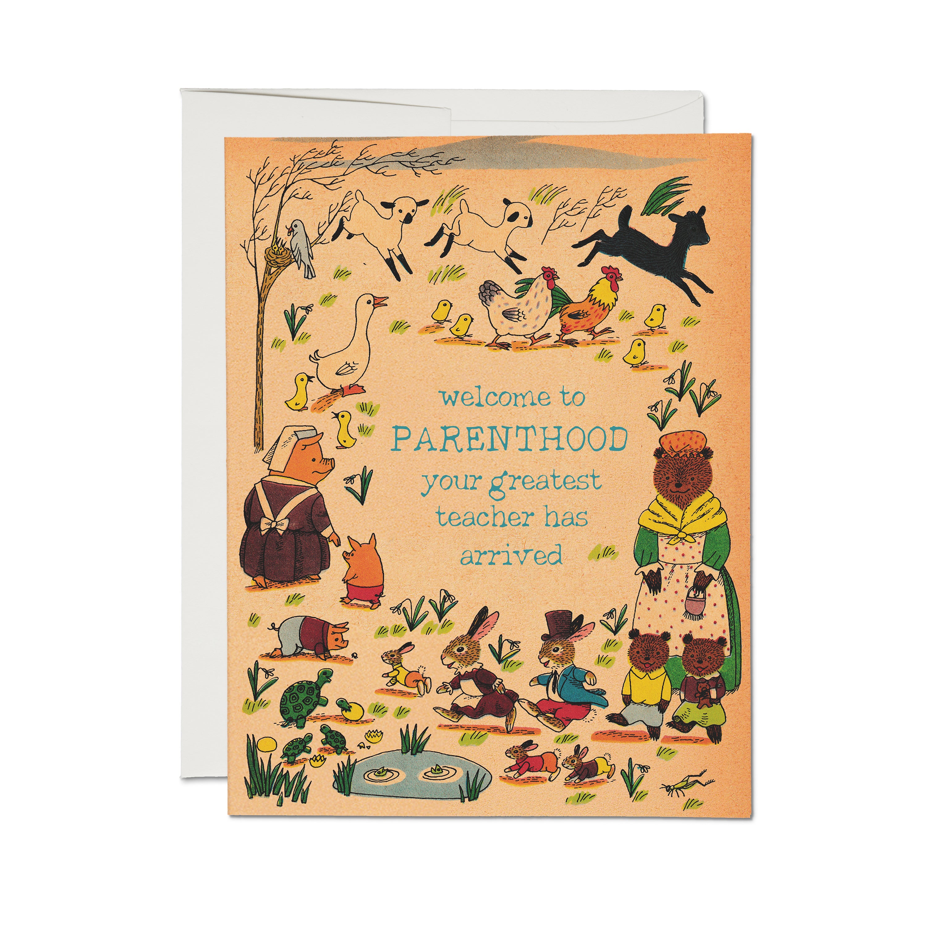 Greeting card with illustrated woodland and farm animals with "Welcome to PARENTHOOD your greatest teacher has arrived" text.