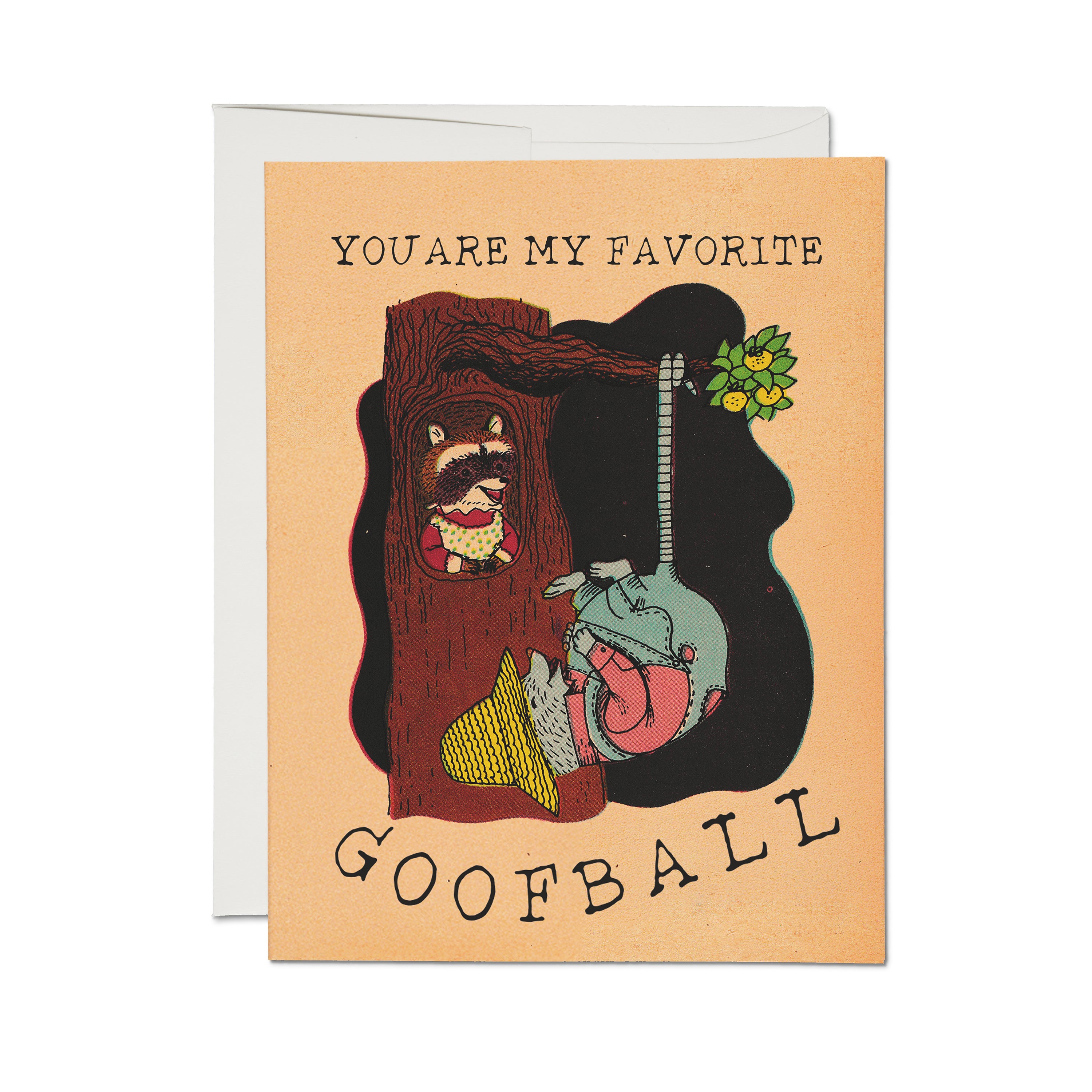 Greeting card with illustrated raccoon and possum hanging in a tree with "YOU ARE MY FAVORITE GOOFBALL" text. 