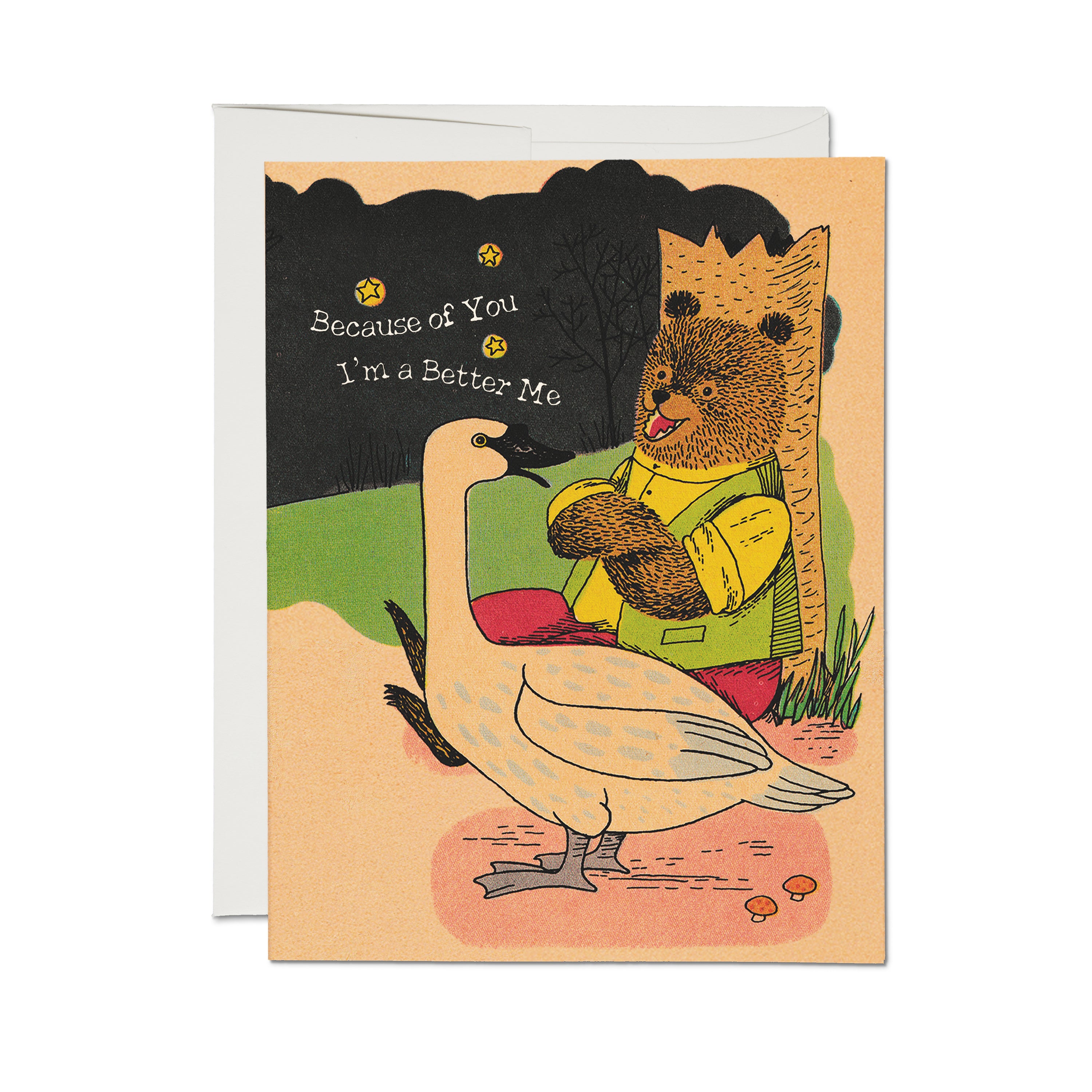 Greeting card with illustrated bear and duck in a field at night under stars with "Because of You I'm a Better Me" text.