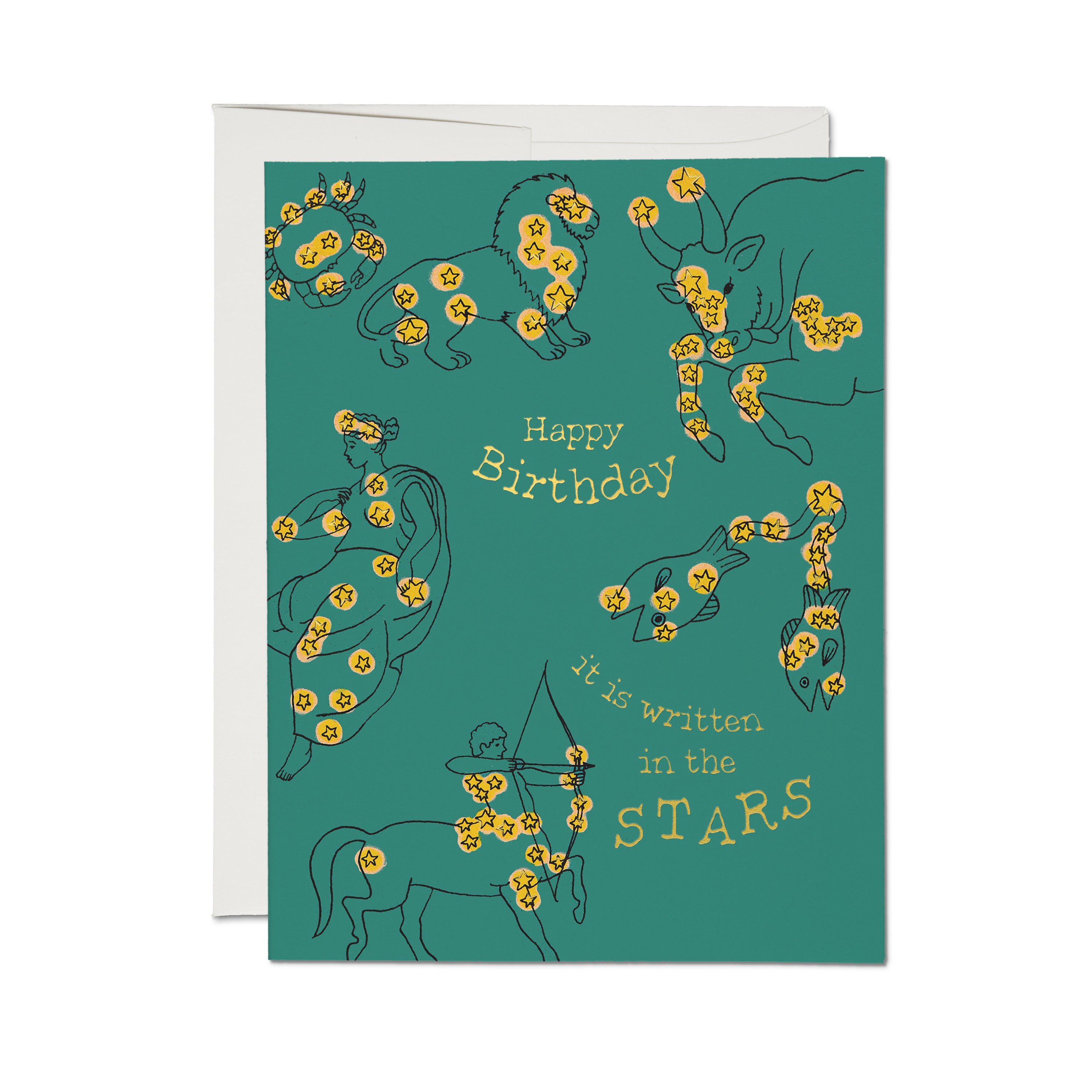 Birthday card with zodiac constellations on a teal background with gold 'Happy Birthday, it is written in the STARS' text.
