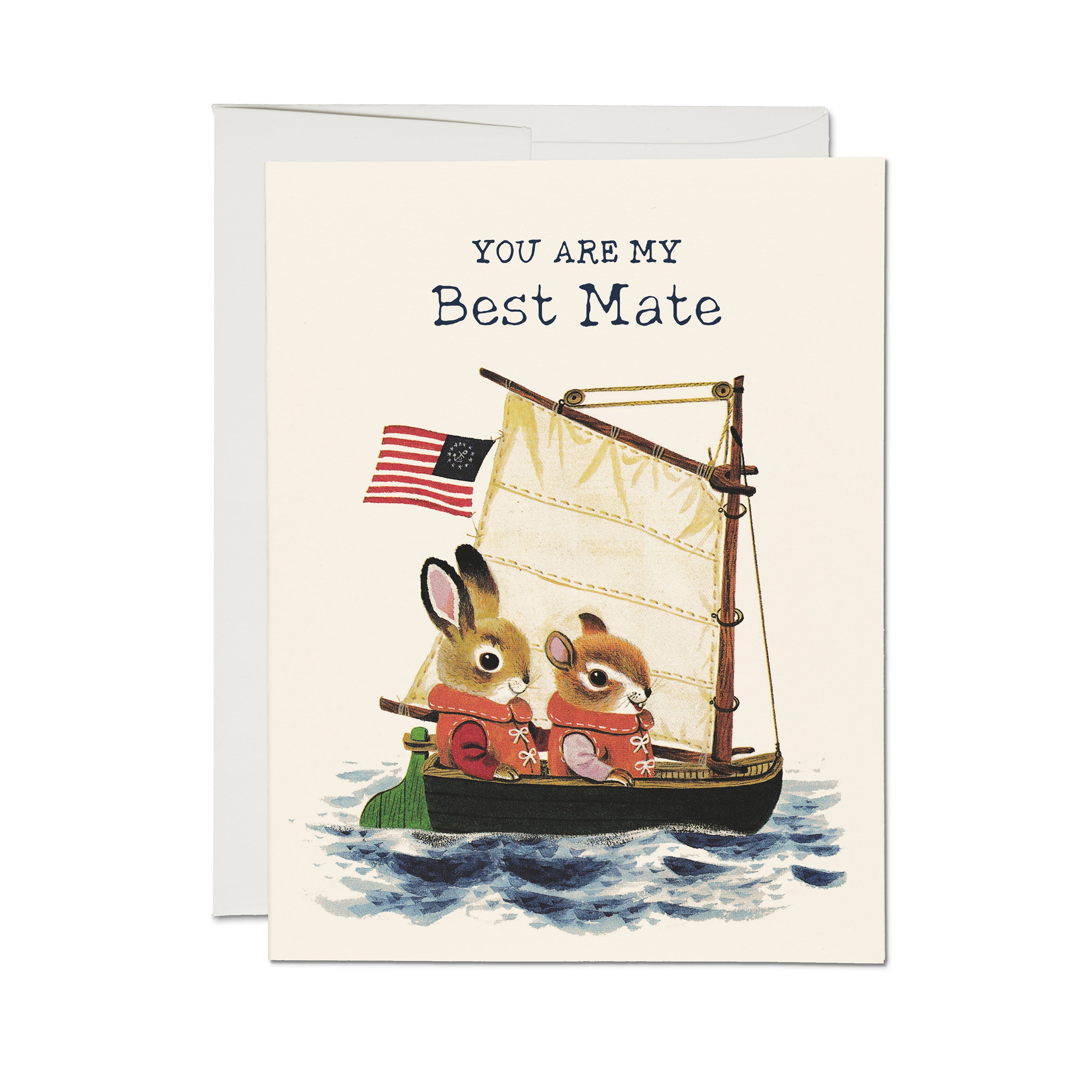 Greeting card with an illustrated bunny and a chipmunk in a boat on the water with "You Are My Best Mate" text.