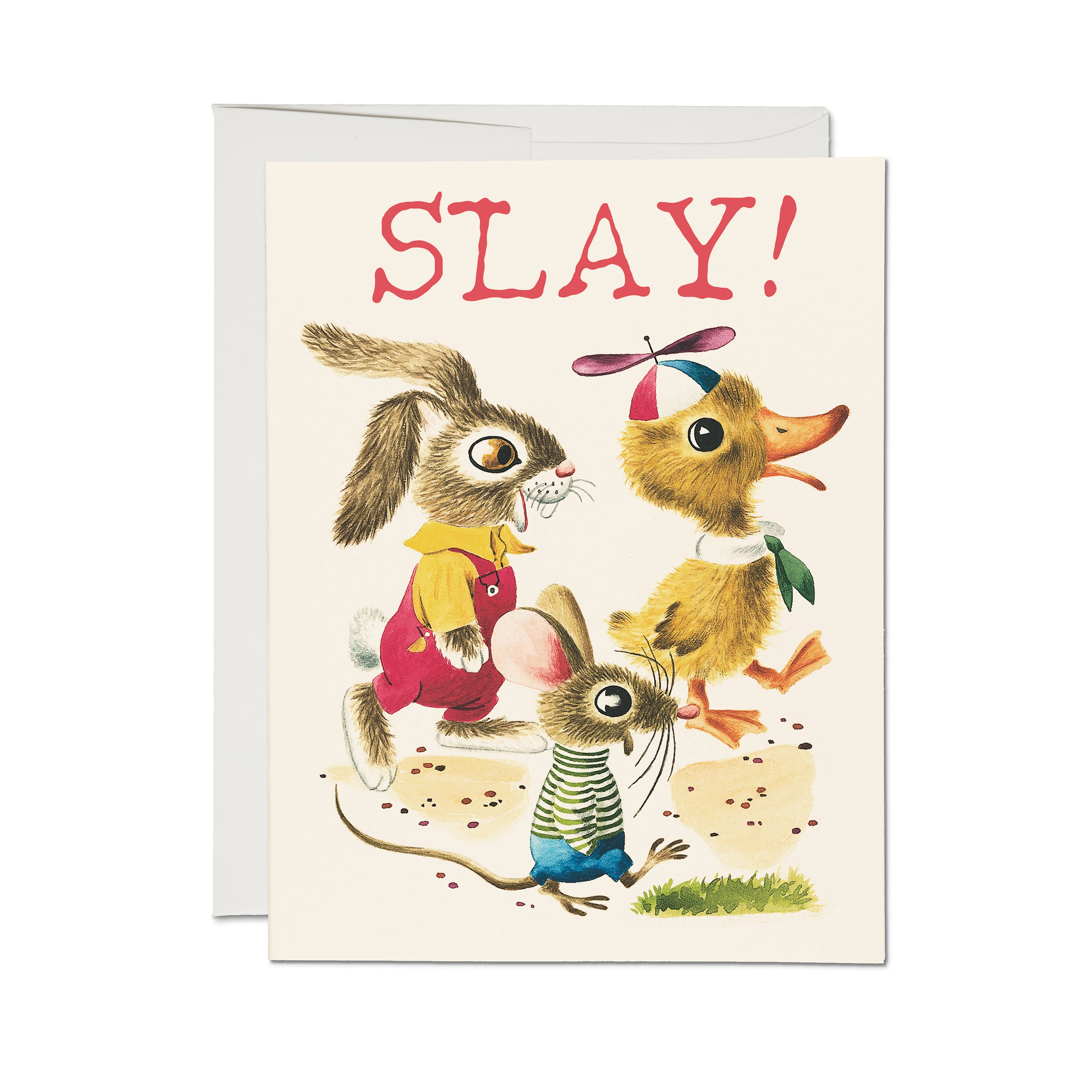 Greeting card with cartoon rabbit, duck, and mouse with "SLAY!" text. 