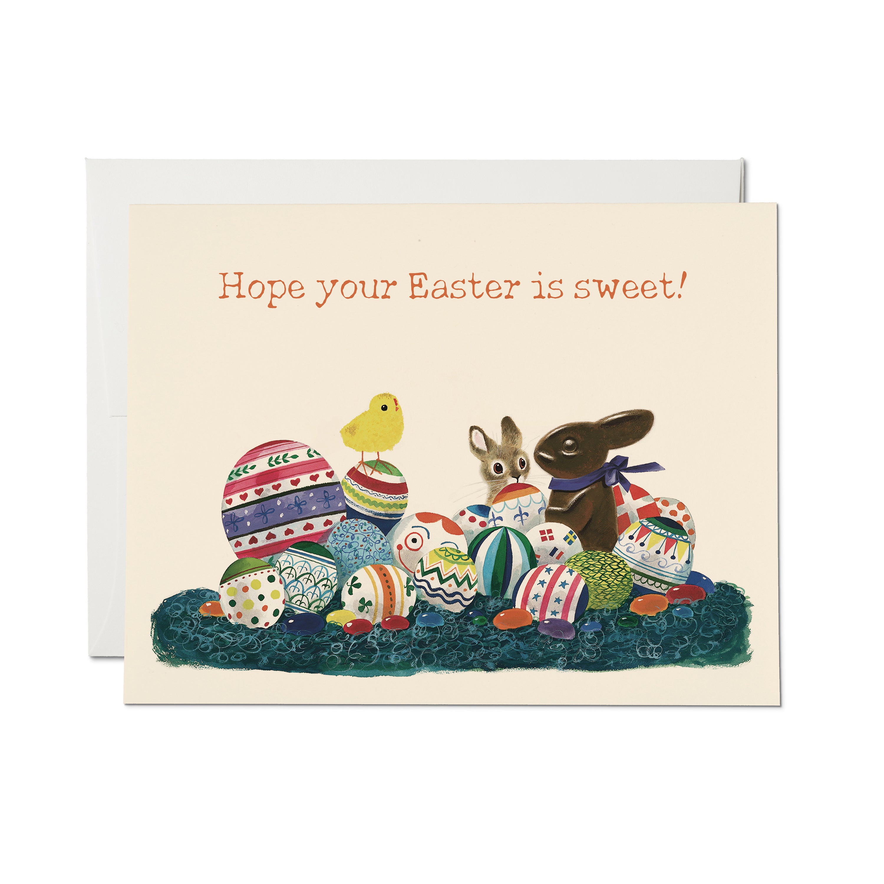 Easter card with decorated eggs, a chick, a rabbit, and a chocolate bunny, with text “Hope your Easter is sweet!"