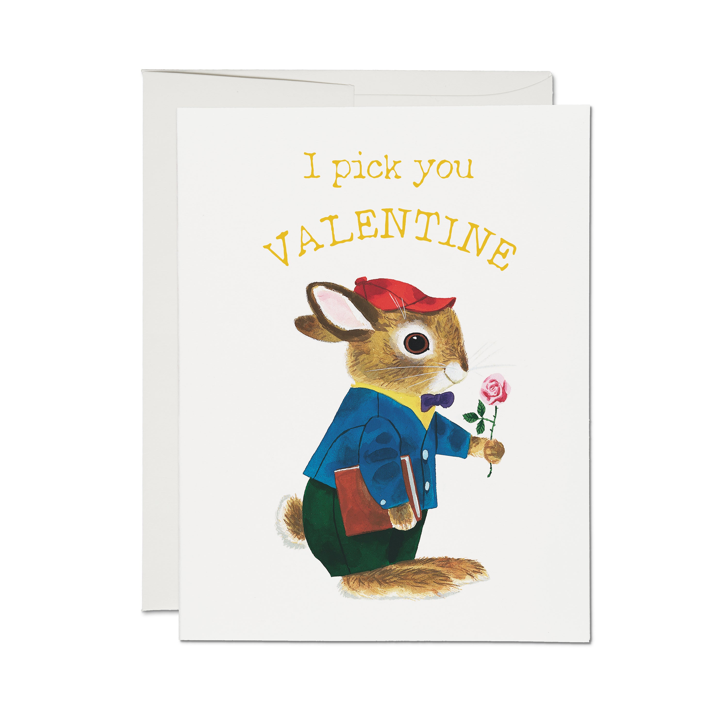 Valentine's Day card with a cartoon rabbit holding a rose and text 'I pick you VALENTINE' on a white background.