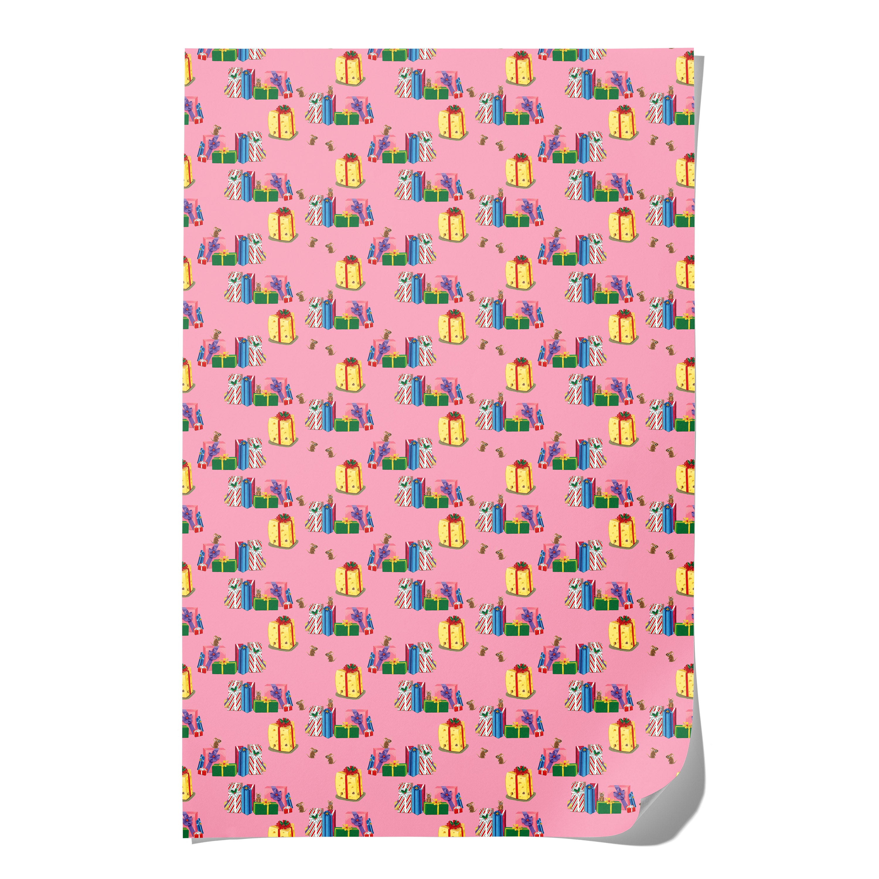 Pink gift wrap with pattern of illustrated presents and ribbon on a white background.