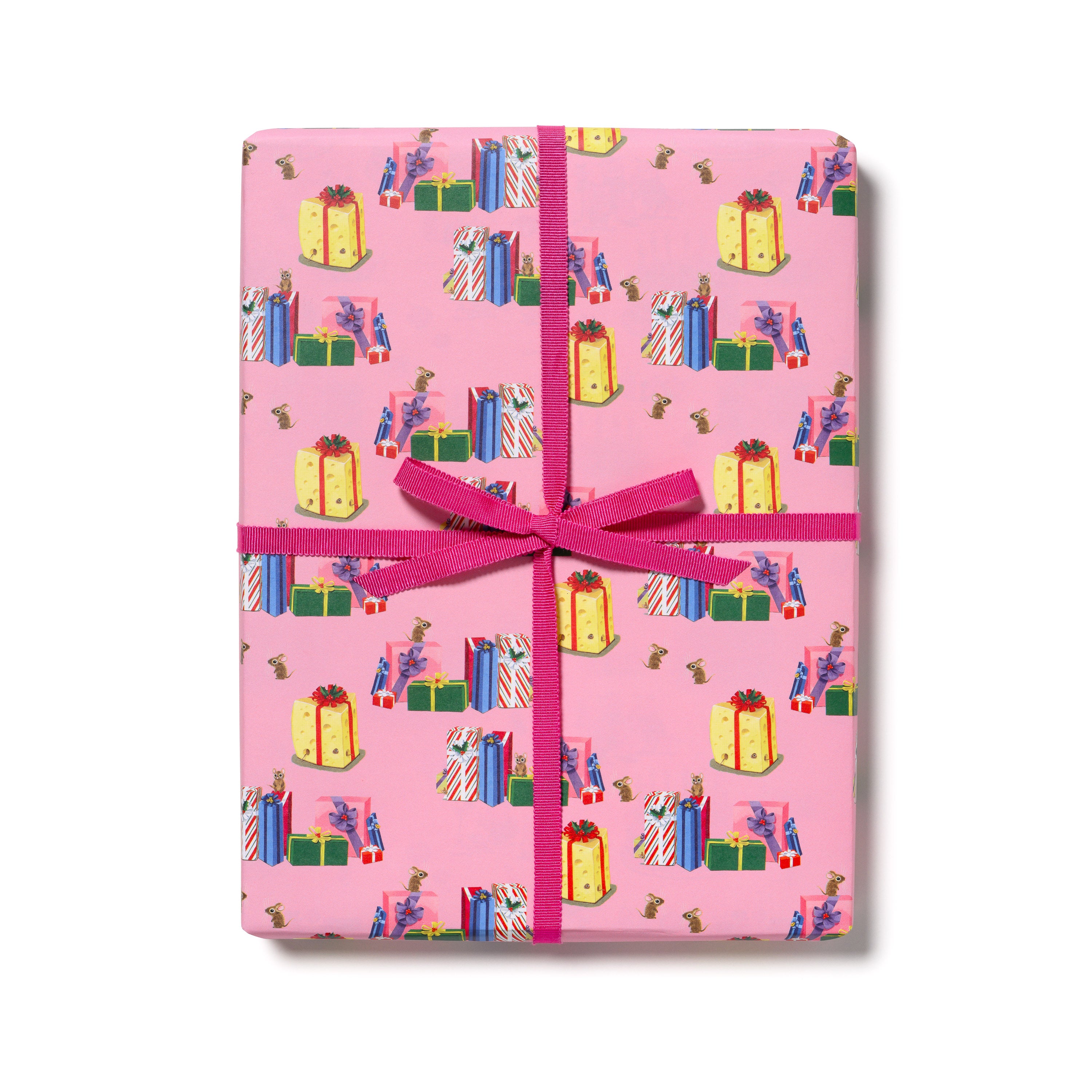 Pink gift wrap with pattern of illustrated presents and ribbon and tied with a bright pink bow on a white background.