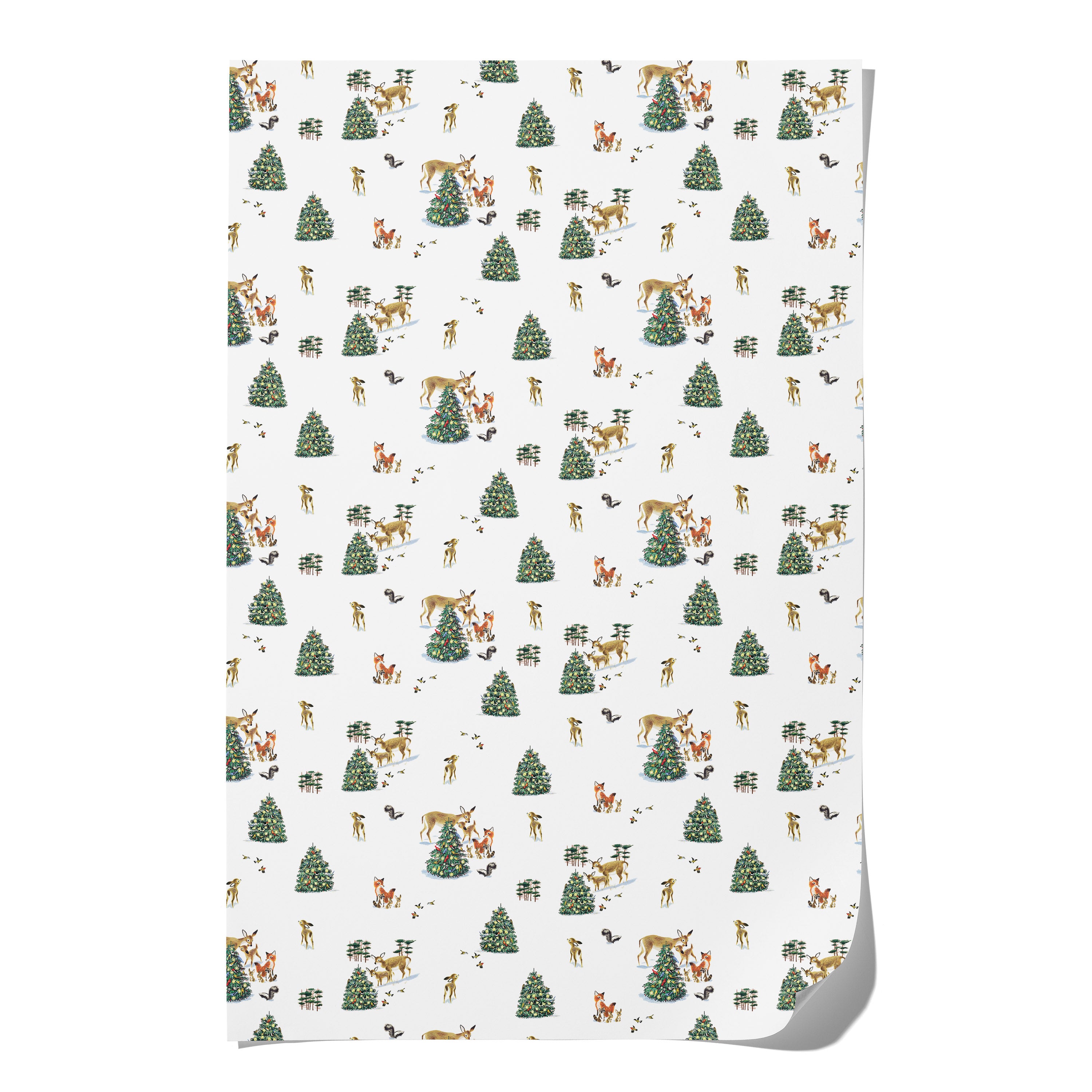 Wrapping paper with illustrated woodland snowy scene with Christmas tree and deer, foxes and skunks on white background.