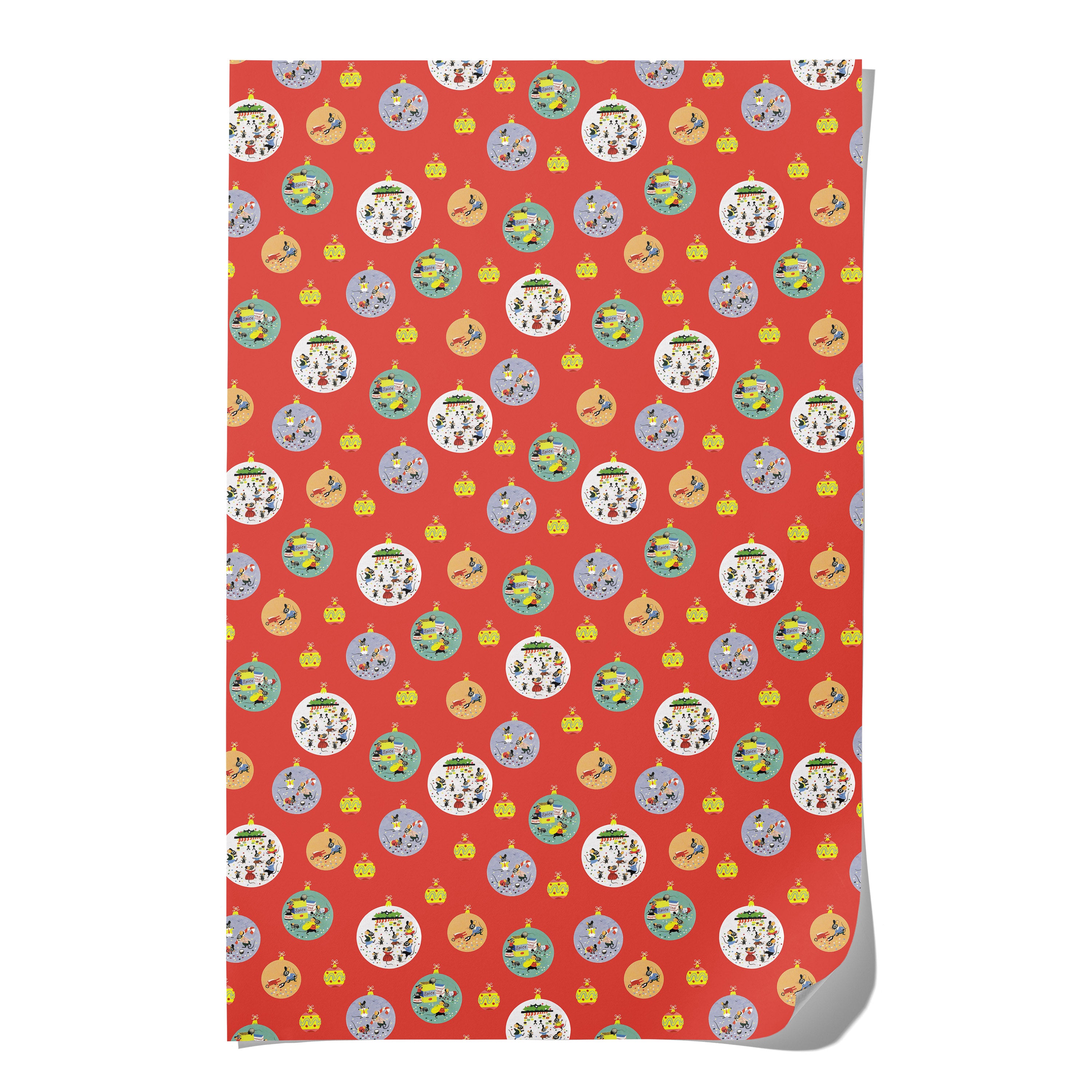 Bright red wrapping paper with colorful cartoon Christmas scenes depicted with animals in different ornament baubles.