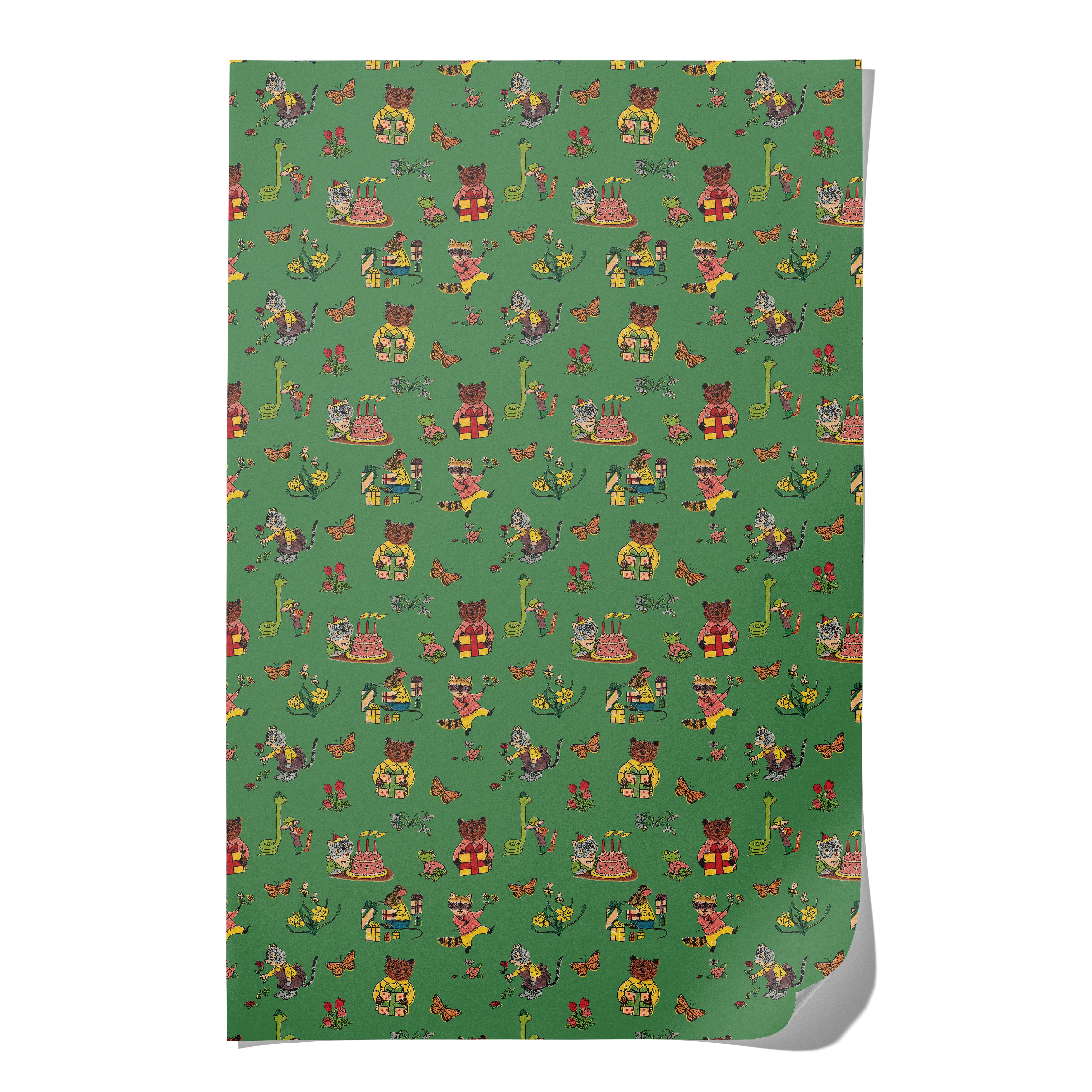Birthday themed Gift wrap with woodland animal illustrations with presents, cake and flowers on a green background.