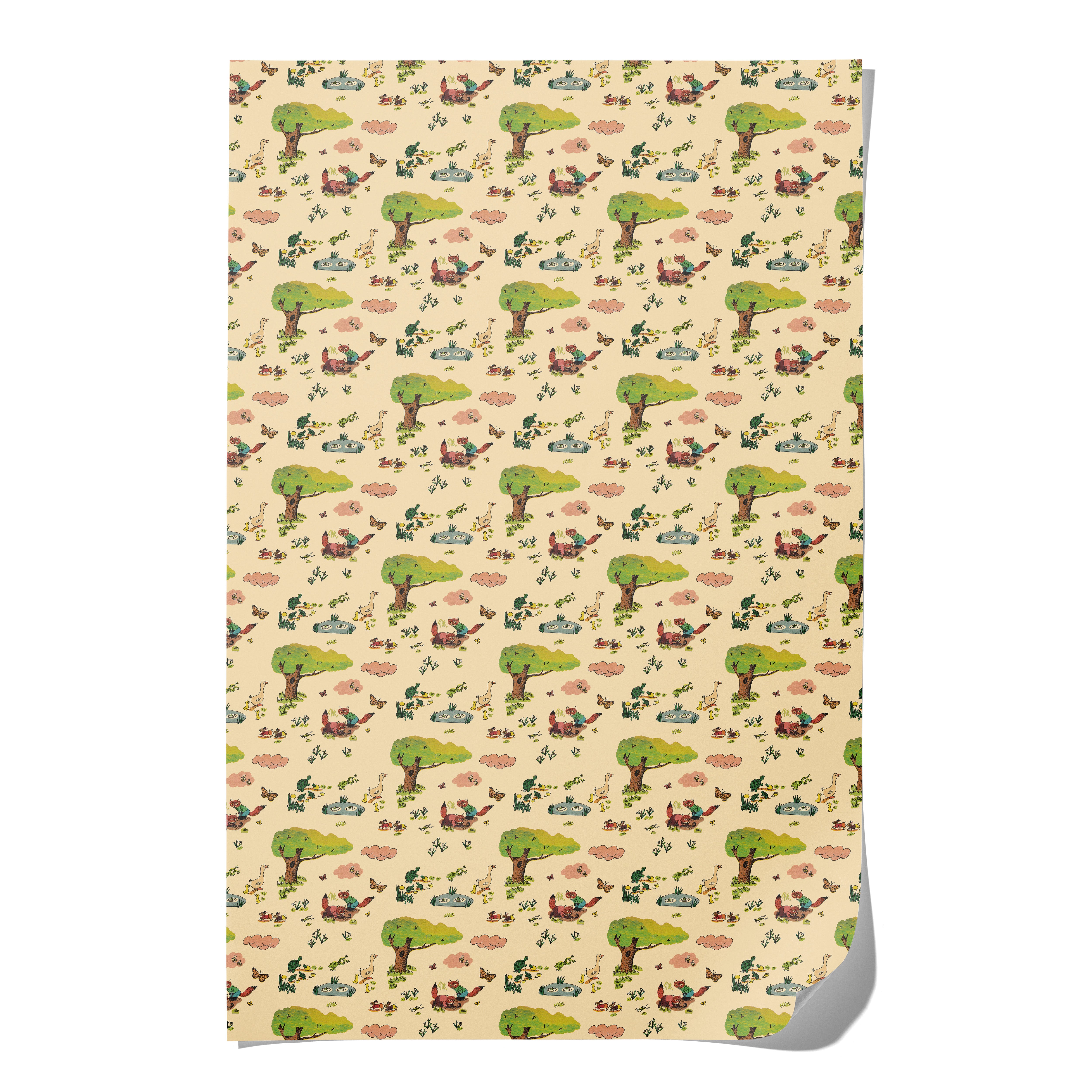 Gift Wrap with illustrated pattern of woodland animals in a forest on a beige background.