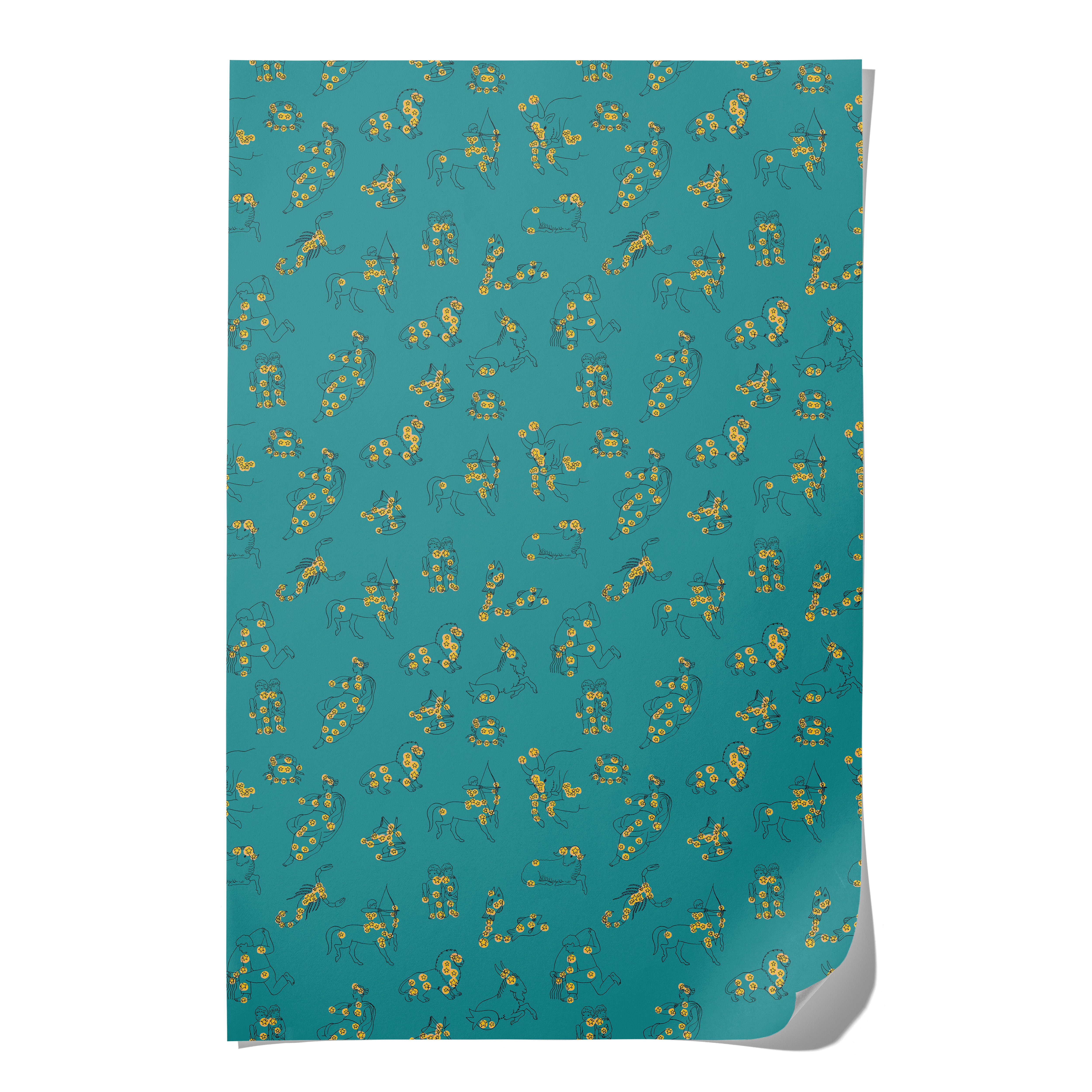 Gift wrap with Zodiac patterns and yellow stars on a teal background.