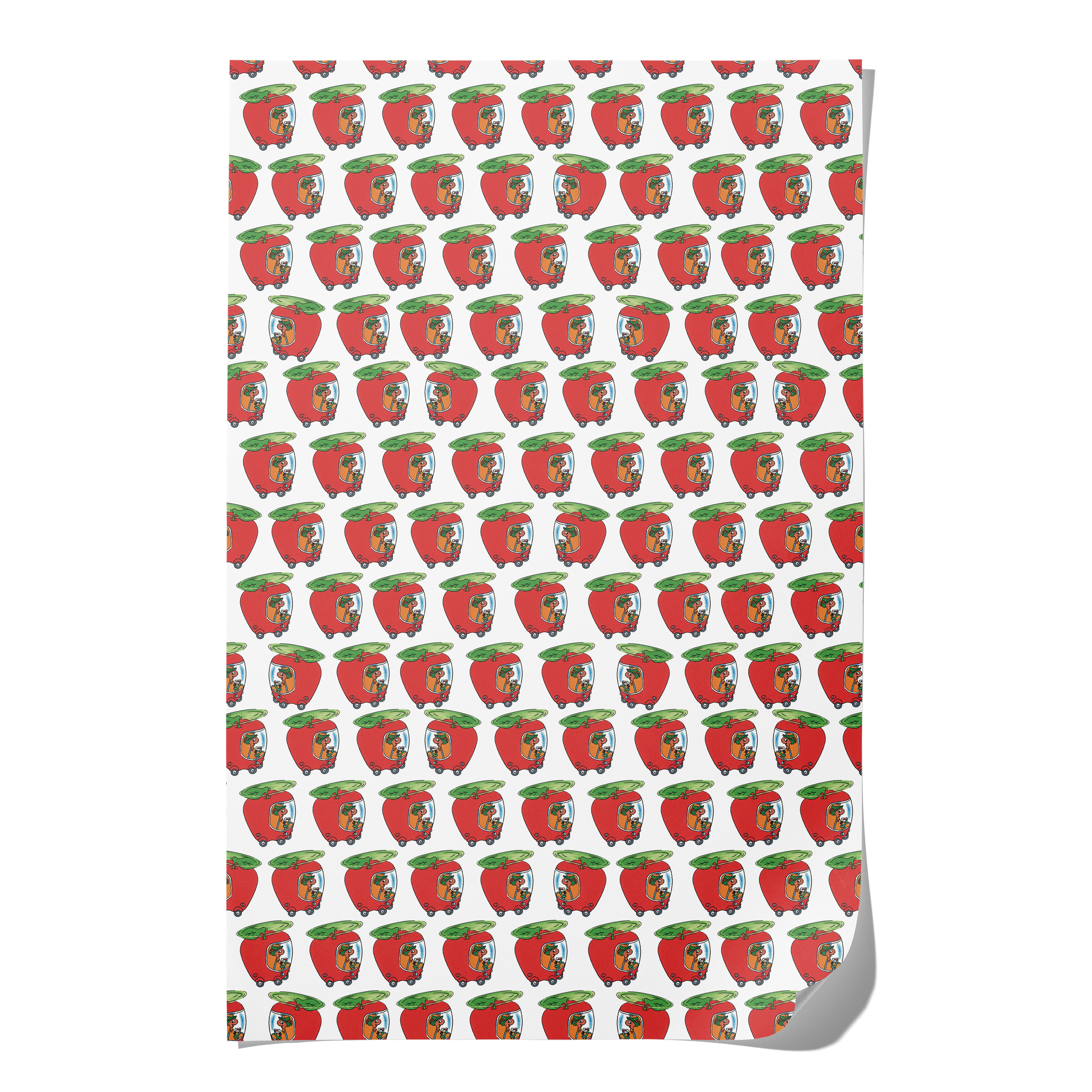 Gift wrap with pattern of the Lowly Worm in an apple car on white background. 